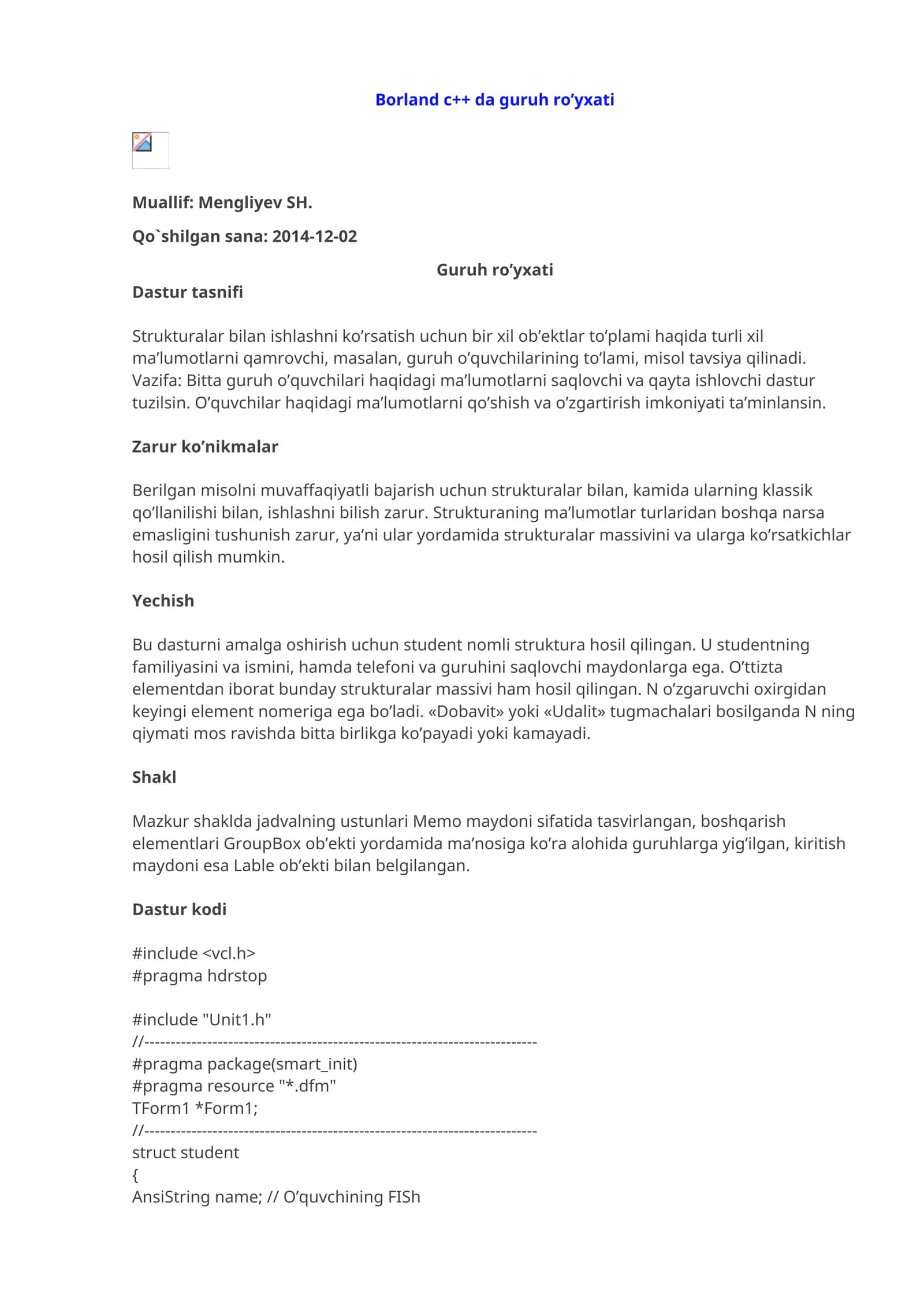 Borland c++ da guruh ro’yxati