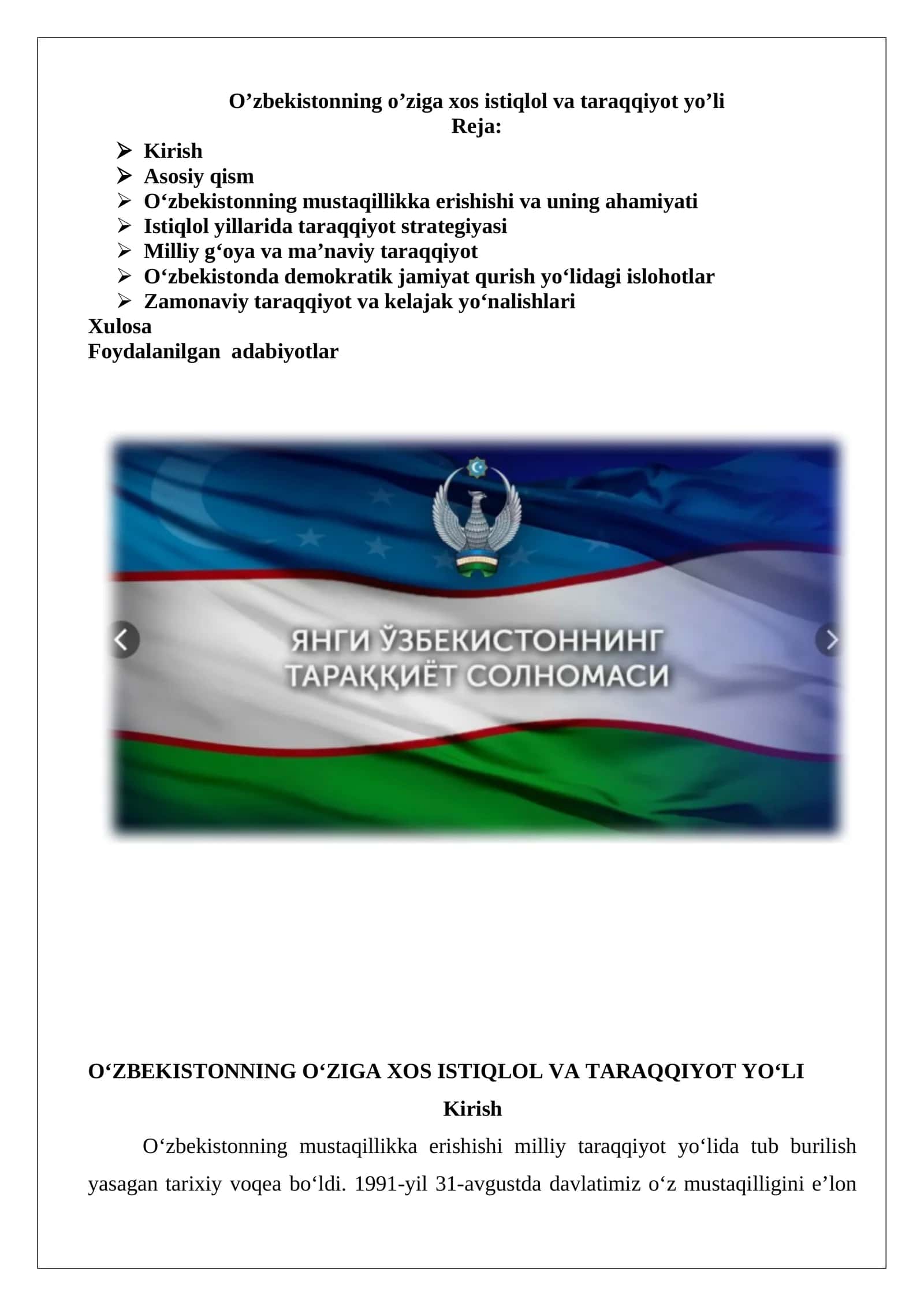 O‘ZBEKISTONNING O‘ZIGA XOS ISTIQLOL VA TARAQQIYOT YO‘LI
