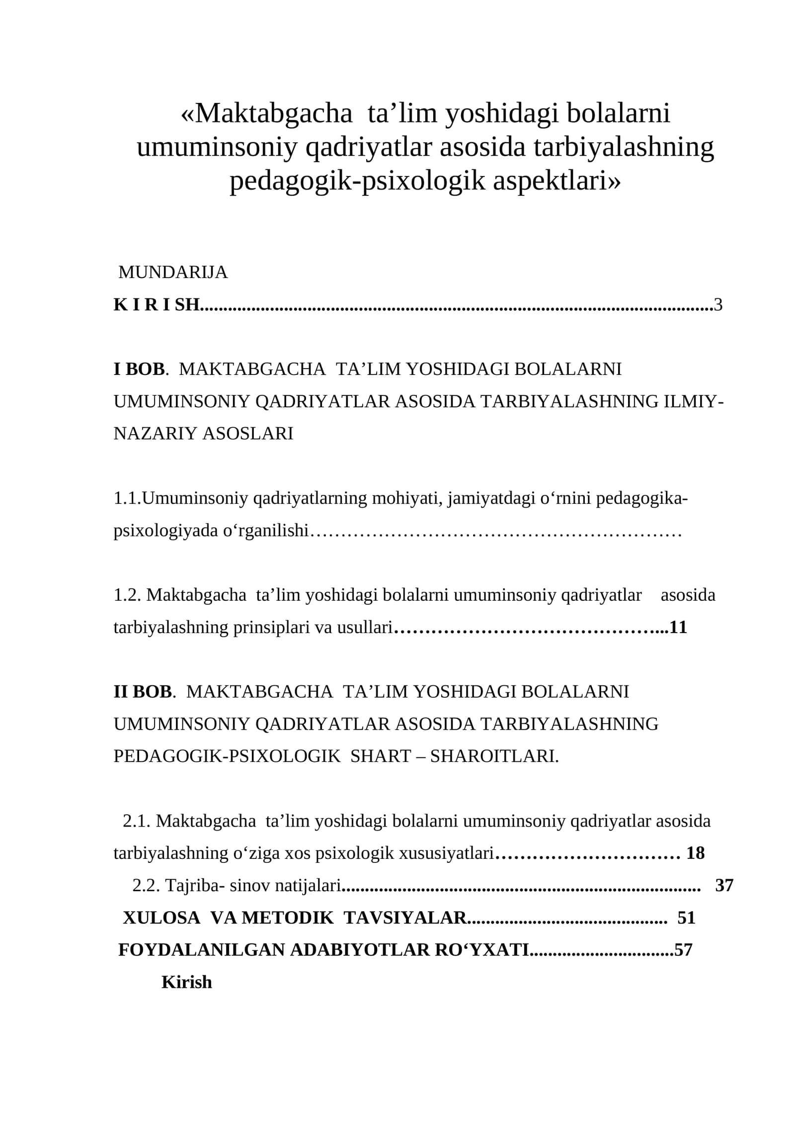 Maktabgacha ta’lim yoshidagi bolalarni umuminsoniy qadriyatlar asosida tarbiyalashning pedagogik-psixologik aspektlari