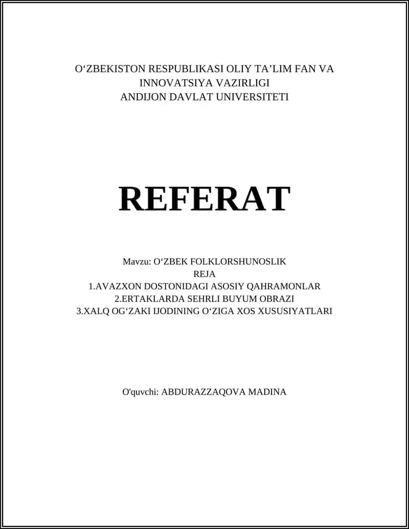 O'zbek Folklorshunoslik Referat