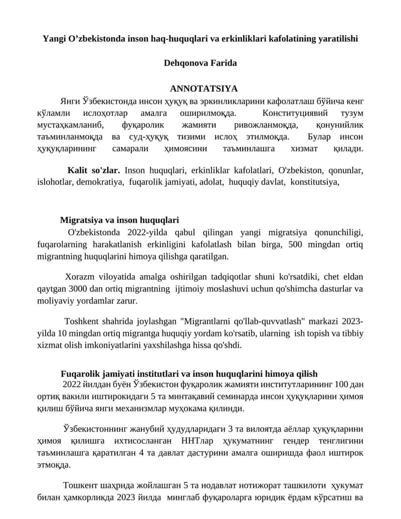 Yangi Oʼzbekistonda inson haq-huquqlari va erkinliklari kafolatining yaratilishi
