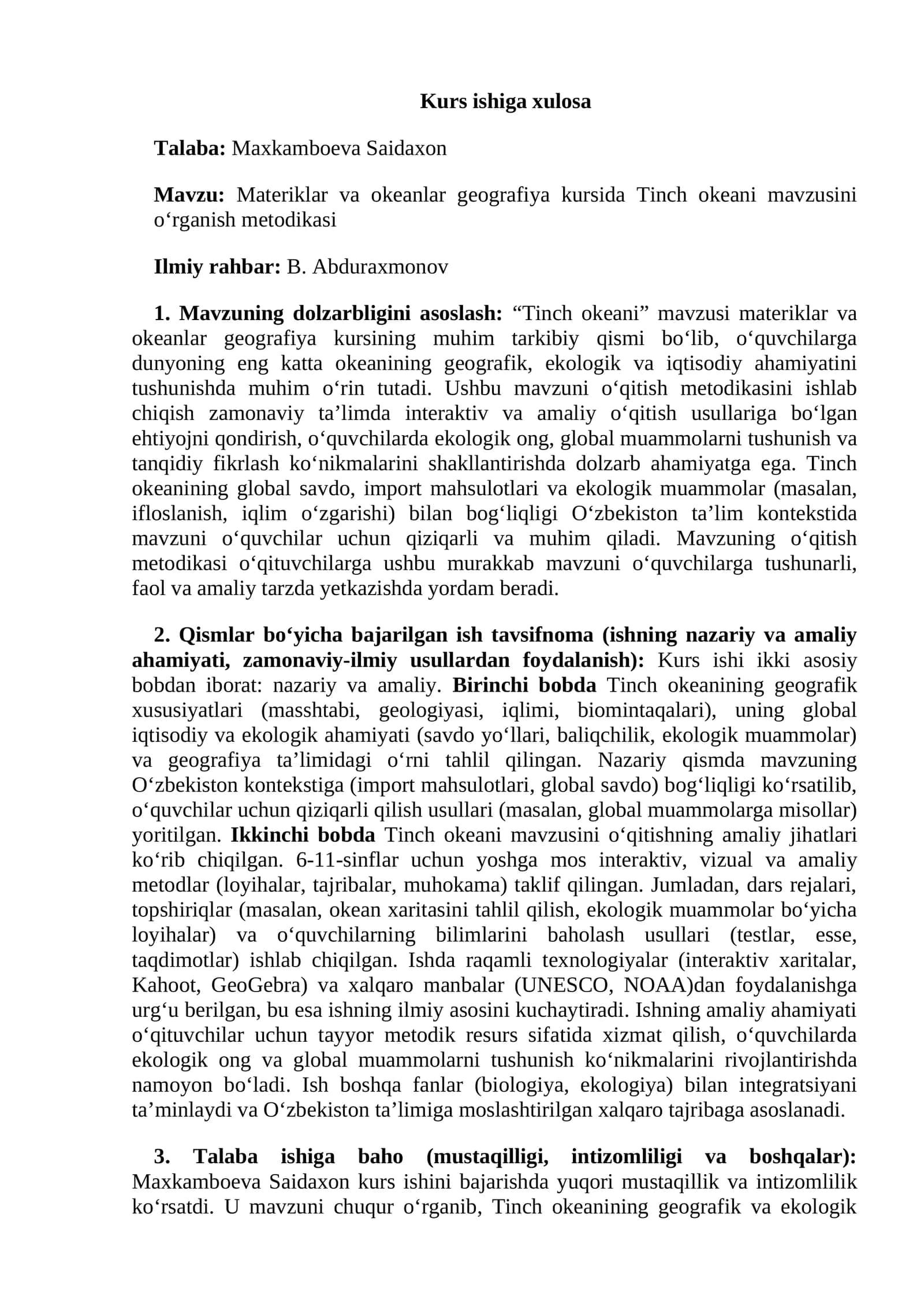 Materiklar va okeanlar geografiya kursida Tinch okeani mavzusini o‘rganish metodikasi
