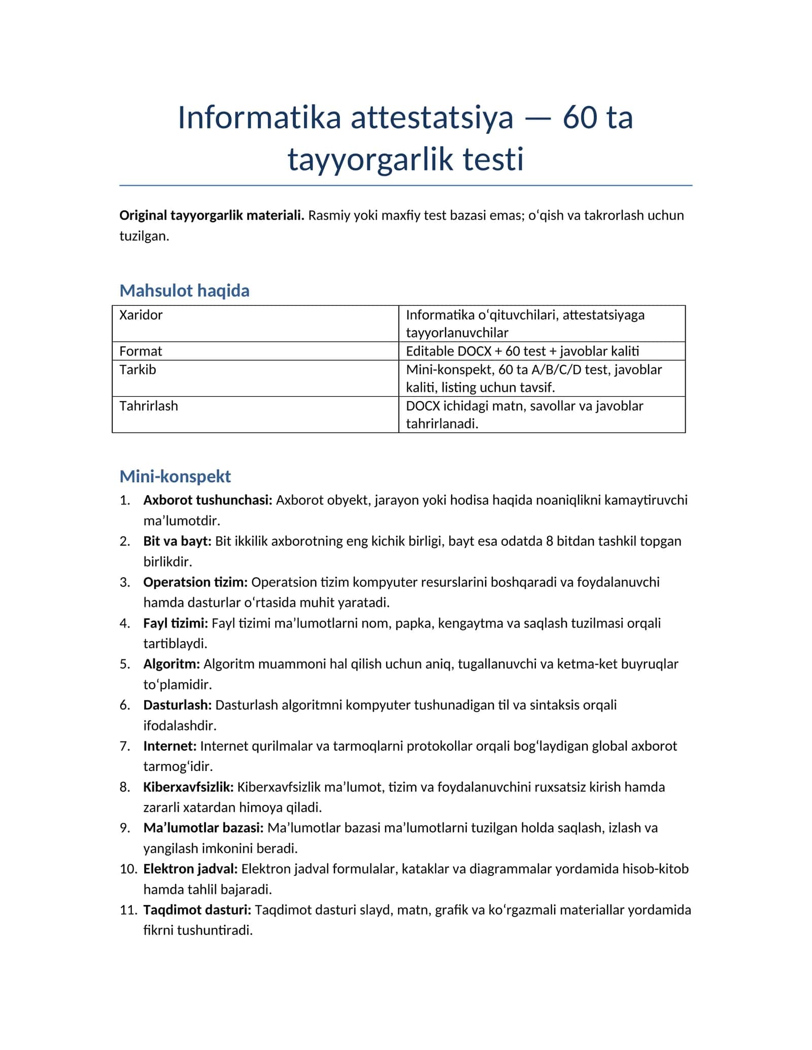 Informatika Attestatsiya - 60 ta Tayyorgarlik Testi