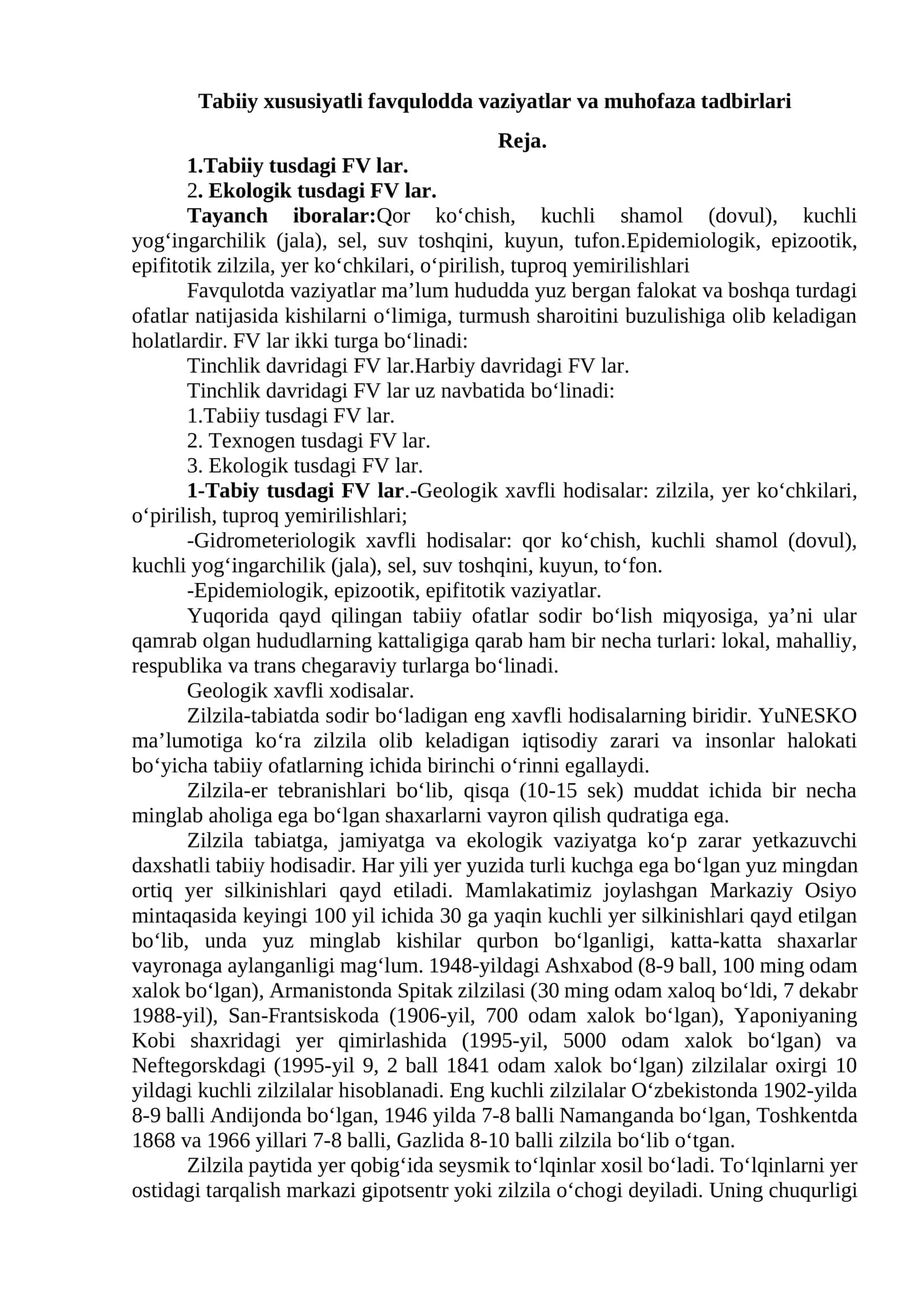 Tabiiy xususiyatli favqulodda vaziyatlar va muhofaza tadbirlari.