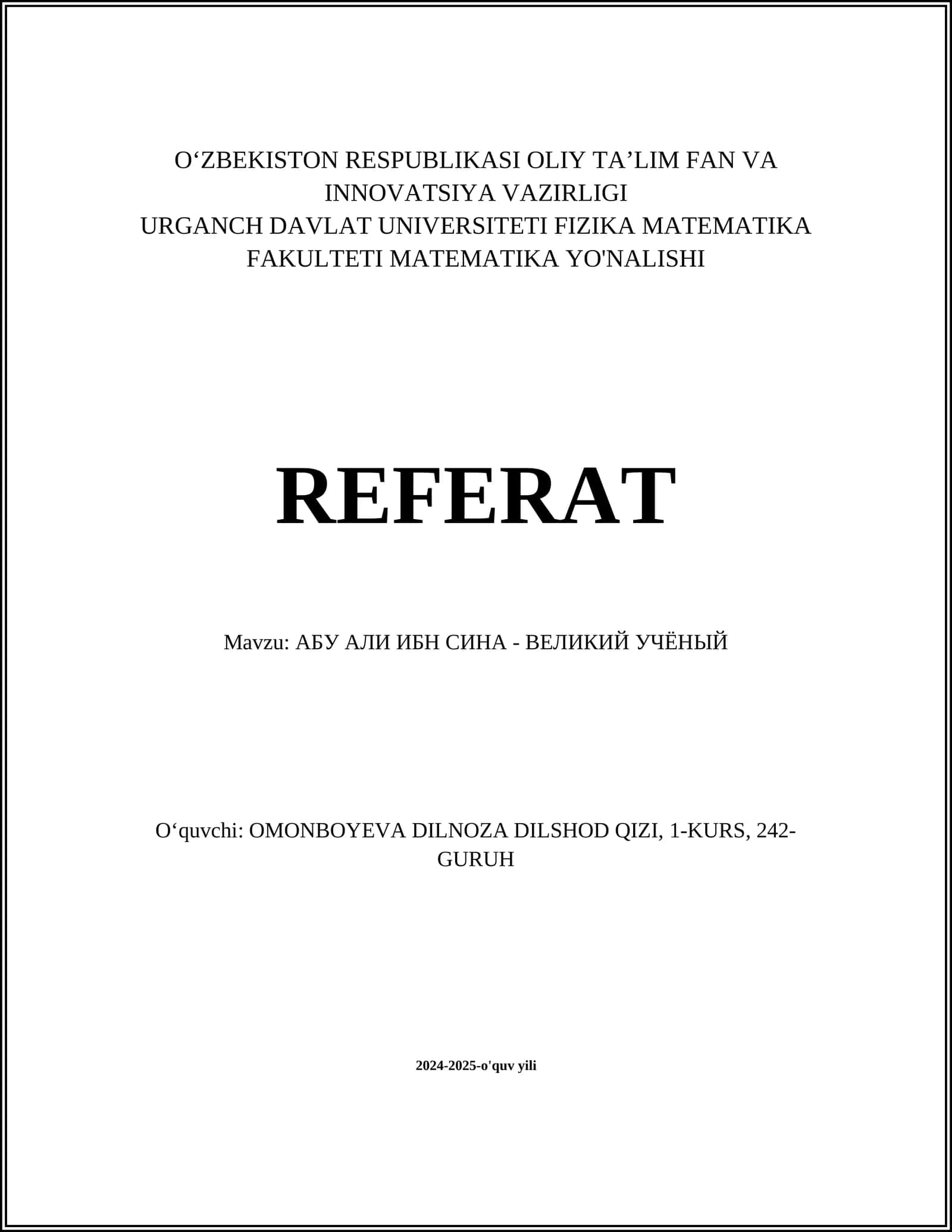Referat - АБУ АЛИ ИБН СИНА - ВЕЛИКИЙ УЧЁНЫЙ