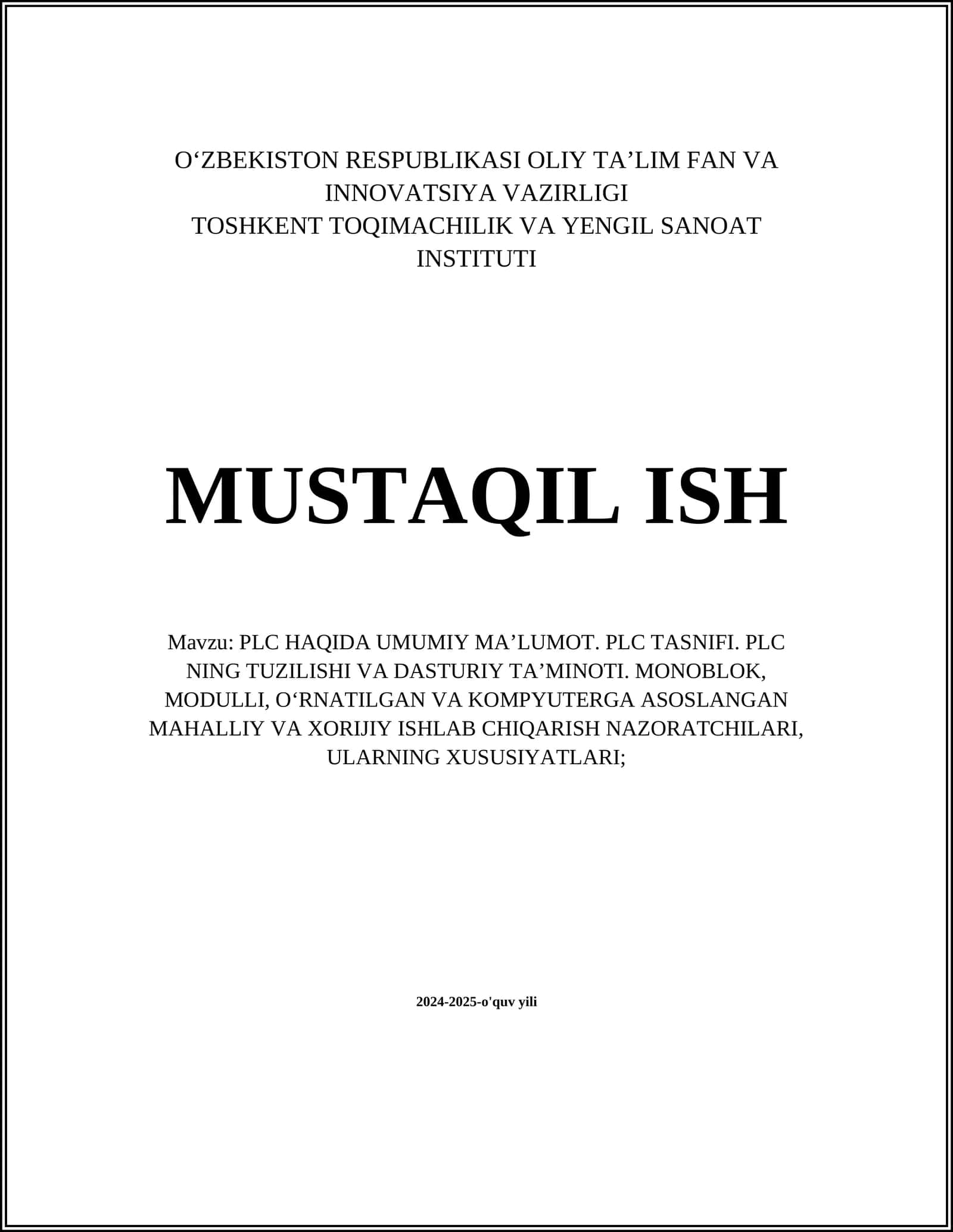 PLC HAQIDA UMUMIY MA’LUMOT