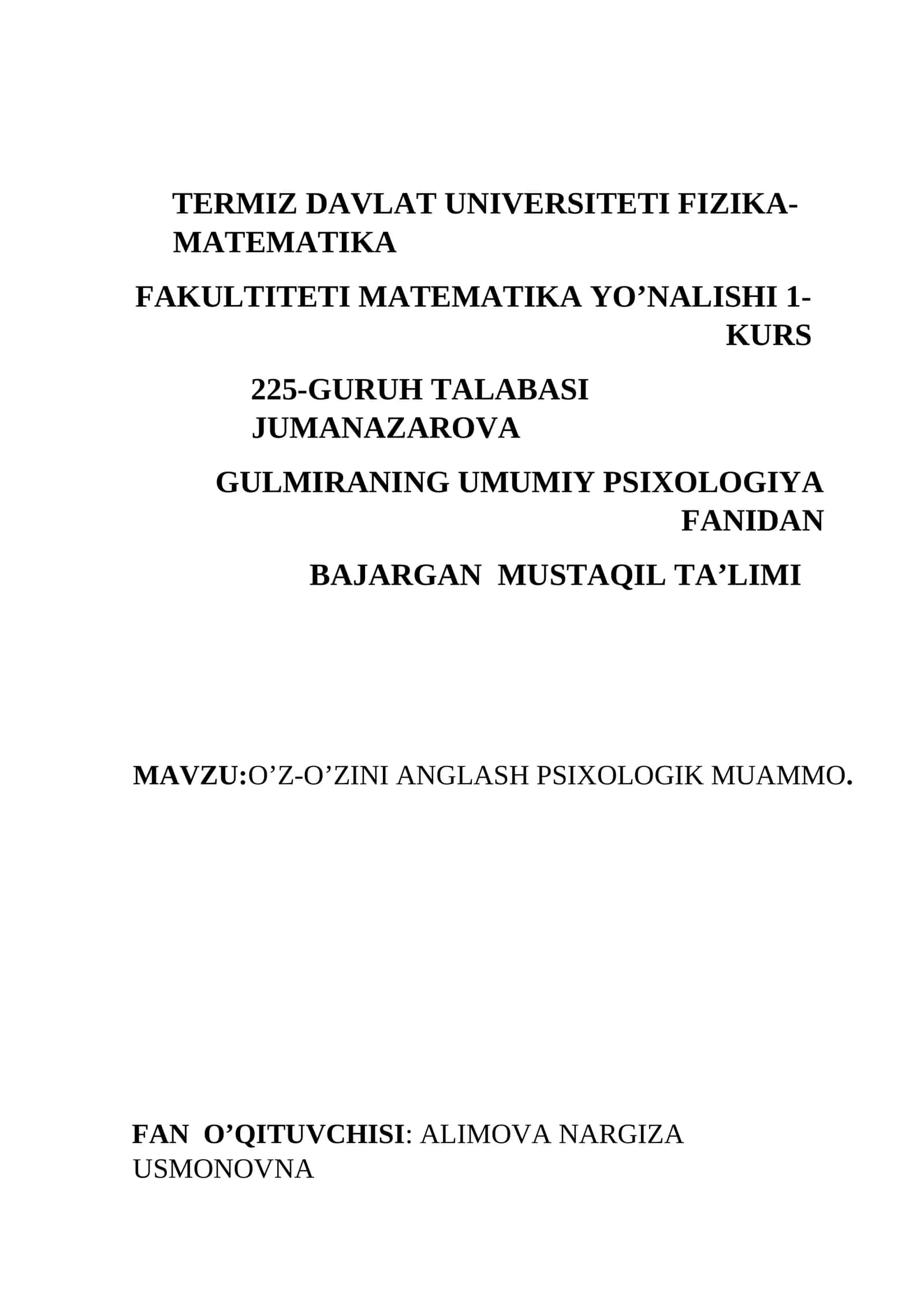 O’Z-O’ZINI ANGLASH PSIXOLOGIK MUAMMO