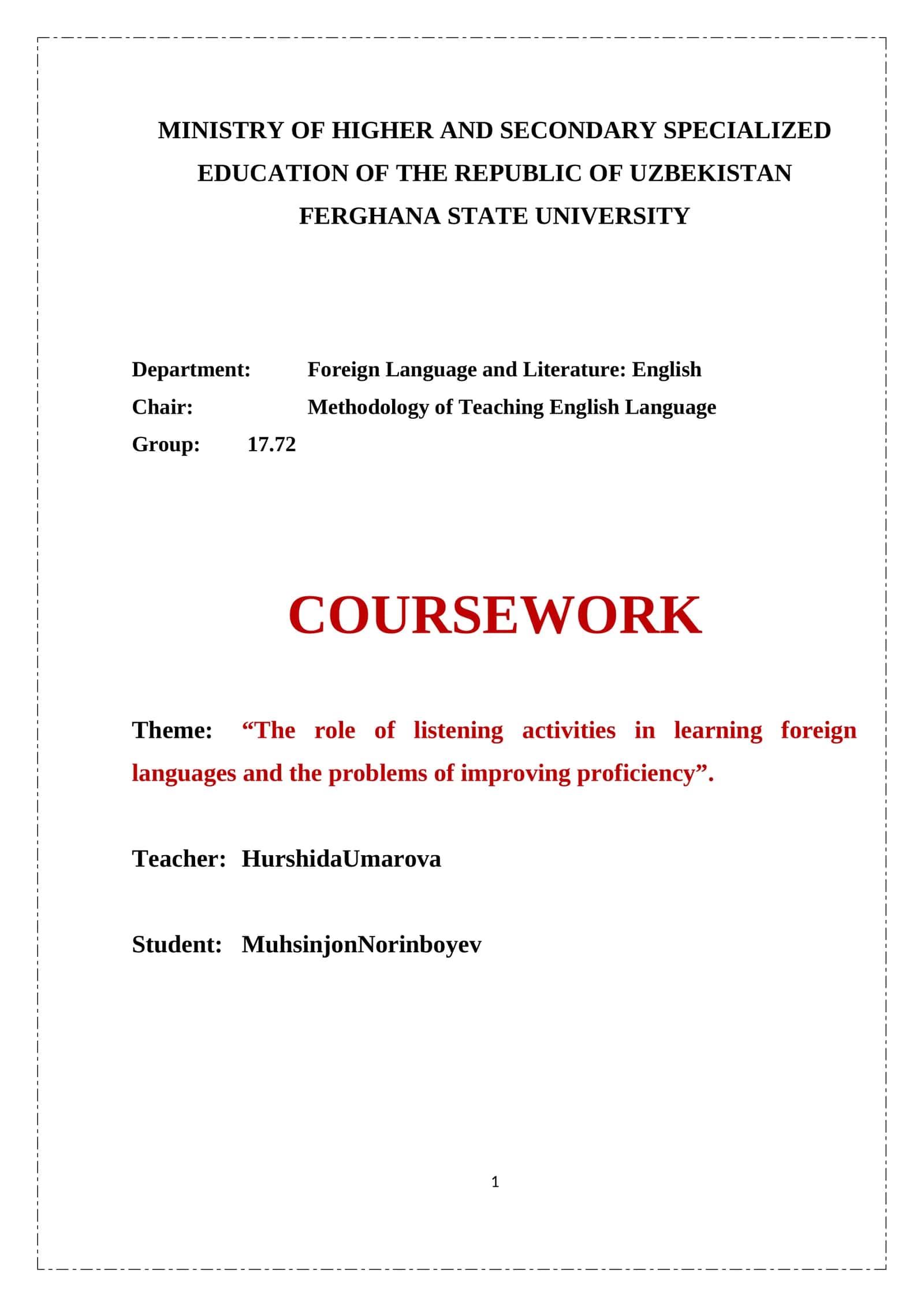 Coursework on “The role of listening activities in learning foreign languages and the problems of improving proficiency”