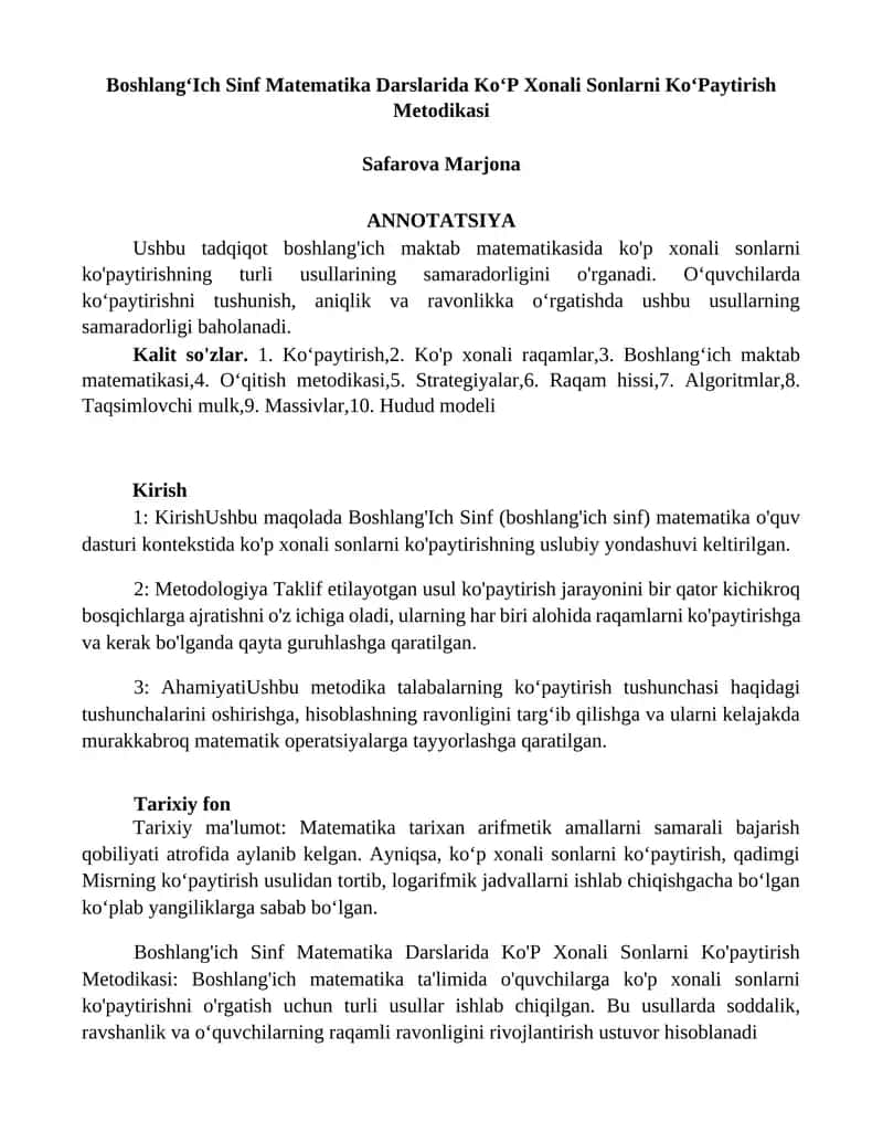 Boshlang‘Ich Sinf Matematika Darslarida Ko‘P Xonali Sonlarni Ko‘Paytirish Metodikasi
