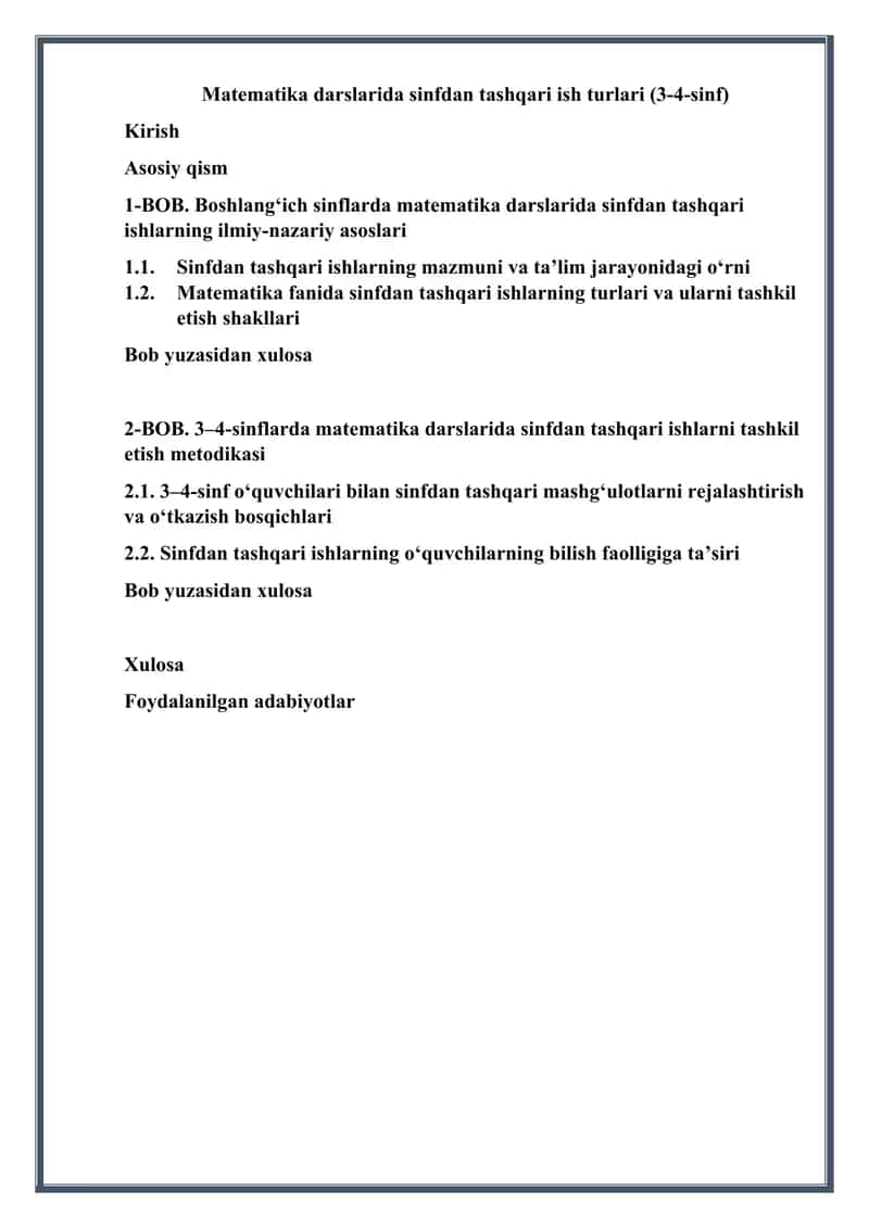 Matematika darslarida sinfdan tashqari ish turlari (3-4-sinf)