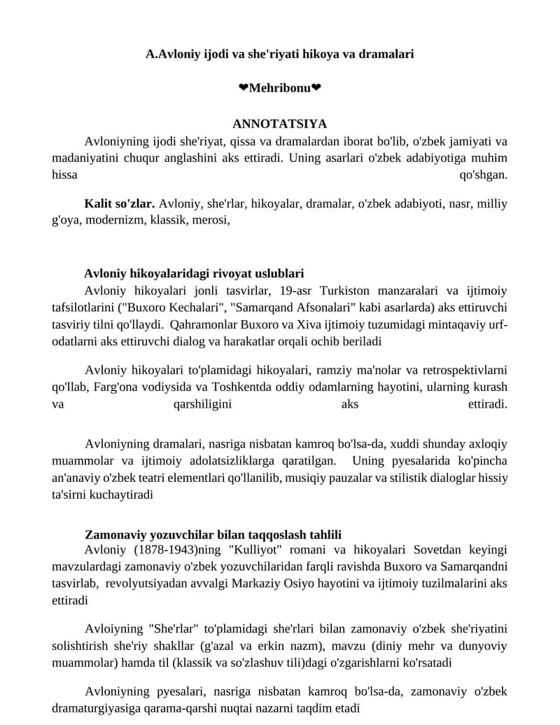 Avloniy ijodi va she'riyati hikoya va dramalari