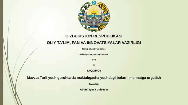 Turli yosh guruhlarda maktabgacha yoshdagi bolarni mehnatga urgatish