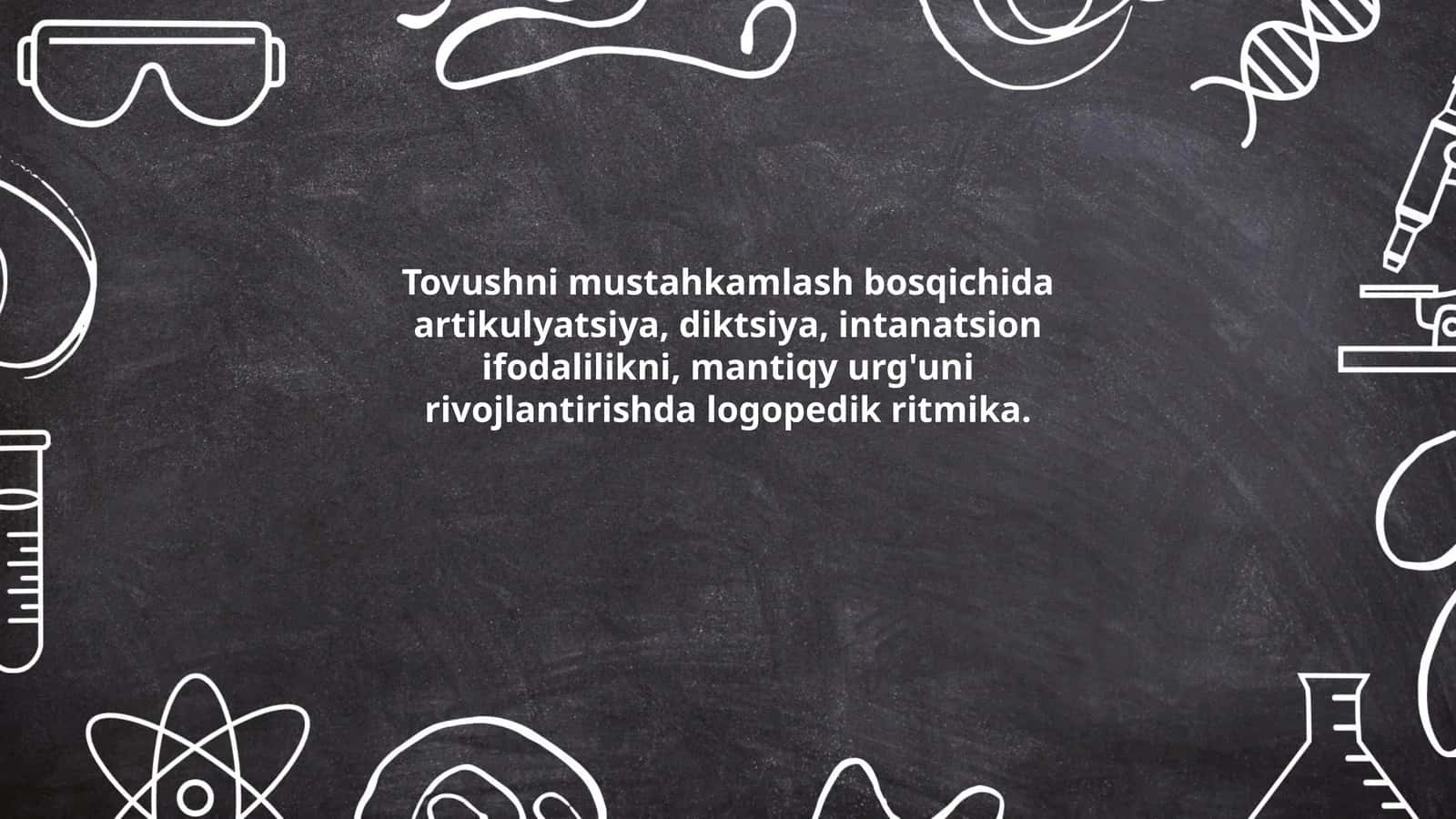 Tovushni mustahkamlash bosqichida artikulyatsiya, diktsiya, intanatsion ifodalilikni, mantiqy urg'uni rivojlantirishda logopedik ritmika