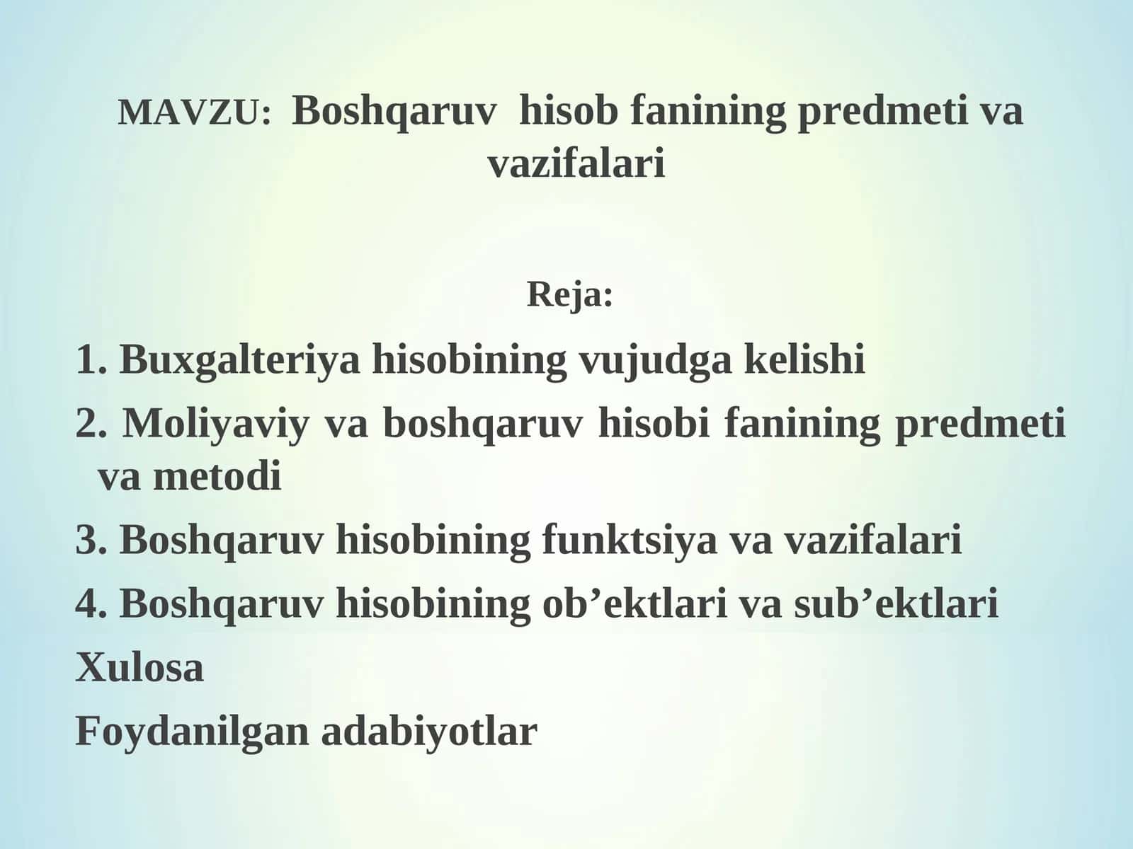 Boshqaruv hisob fanining predmeti va vazifalari