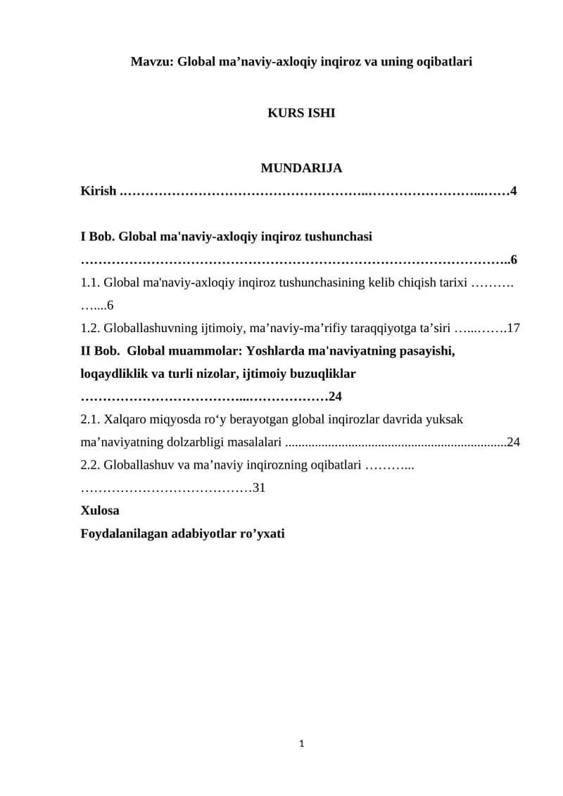 Global ma’naviy-axloqiy inqiroz va uning oqibatlari