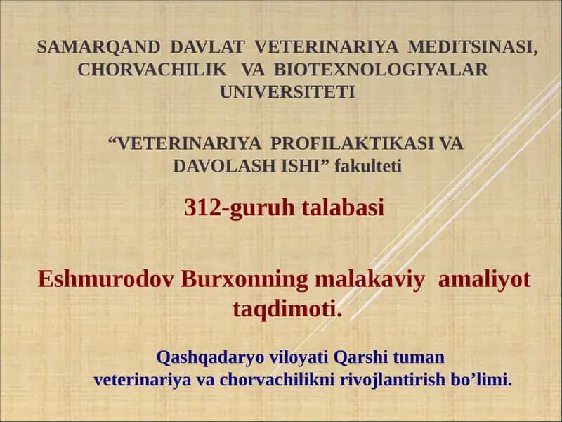 Eshmurodov Burxonning Malakaviy Amaliyot Taqdimoti
