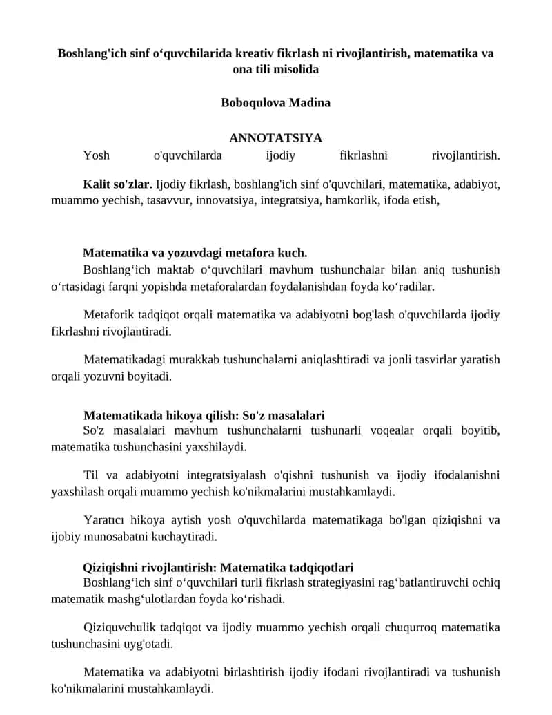 Ijodiy fikrlashni rivojlantirish boshlang'ich sinf o'quvchilari uchun