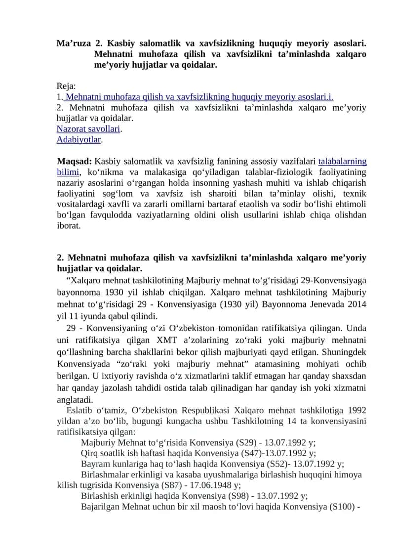 Kasbiy salomatlik va xavfsizlikning huquqiy meyoriy asoslari