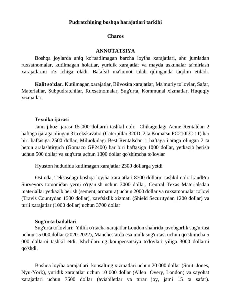 Pudratchining boshqa harajatlari tarkibi