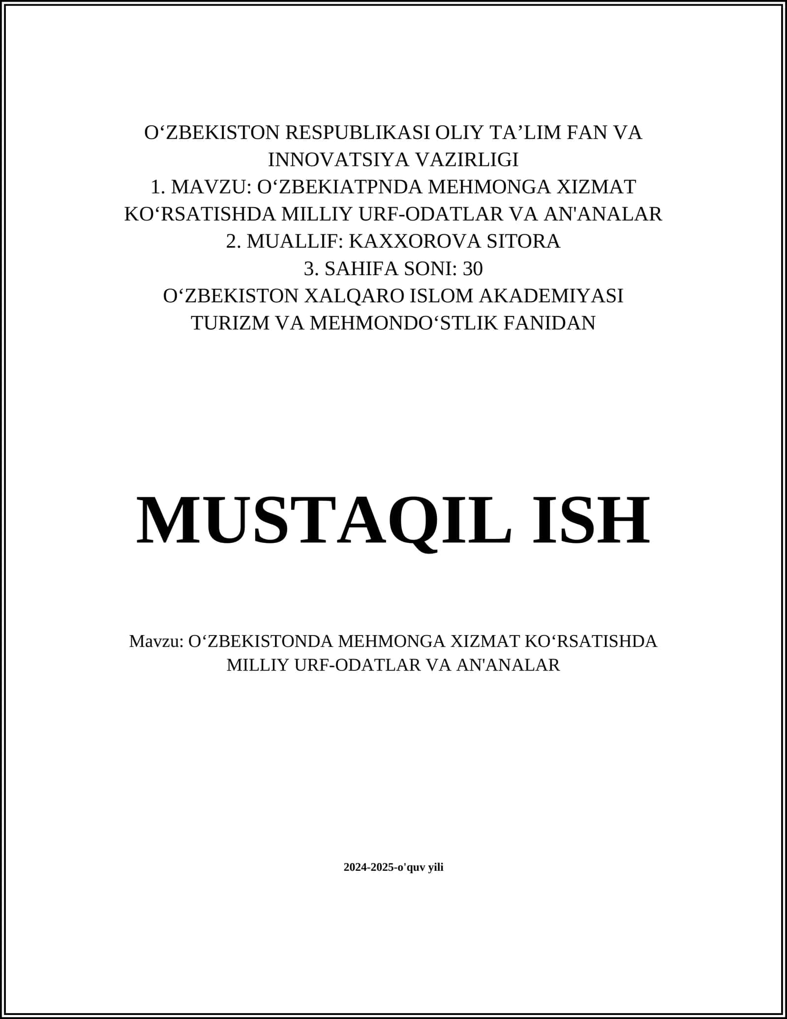 OʻZBEKISTONDA MEHMONGA XIZMAT KOʻRSATISHDA MILLIY URF-ODATLAR VA AN'ANALAR