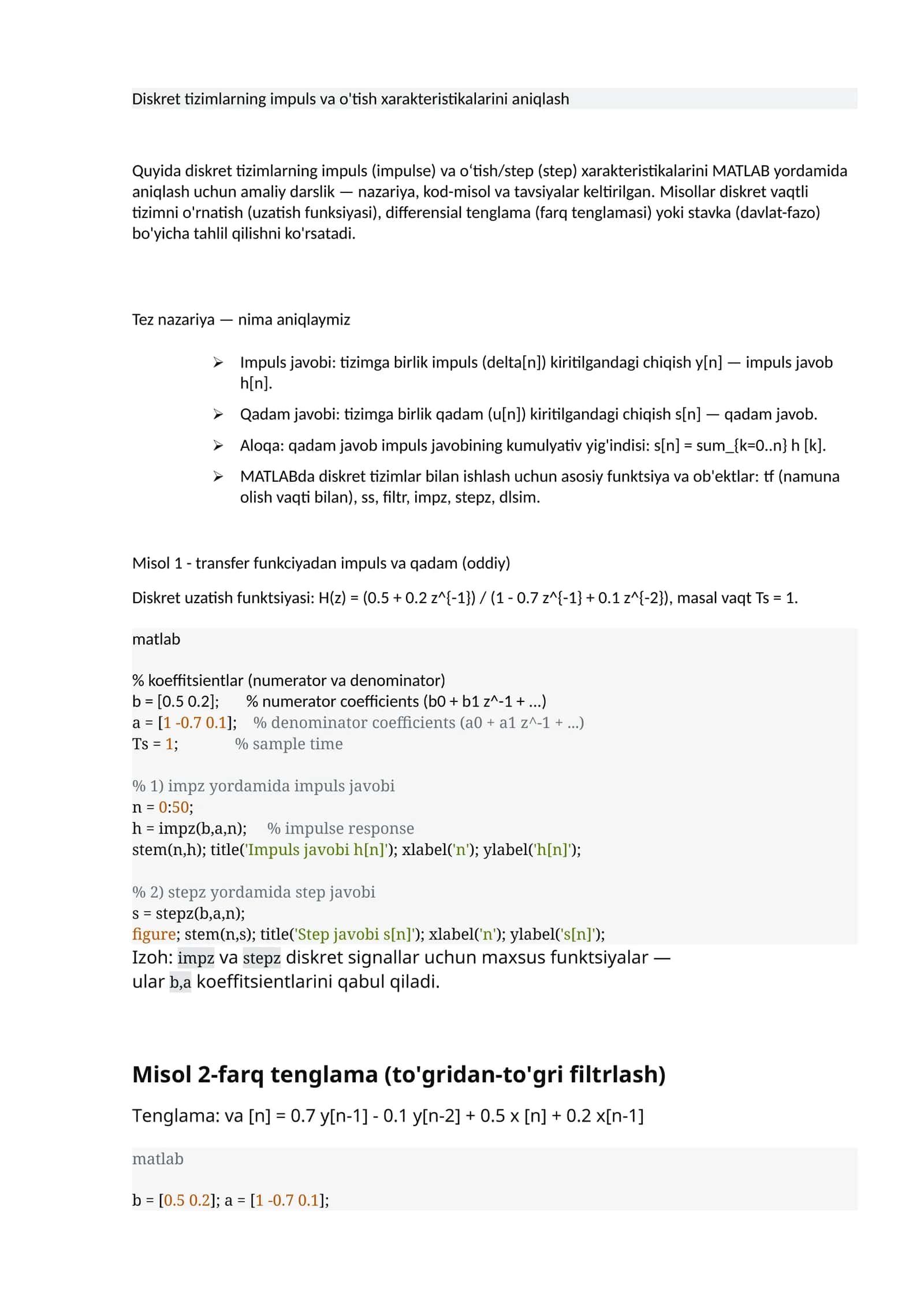 Diskret tizimlarning impuls va o'tish xarakteristikalarini aniqlash