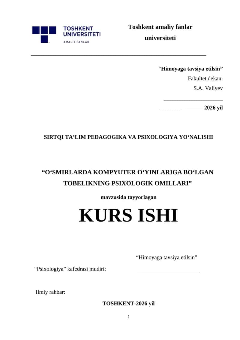 OʻSMIRLARDA KOMPYUTER OʻYINLARIGA BOʻLGAN TOBELIKNING PSIXOLOGIK OMILLARI
