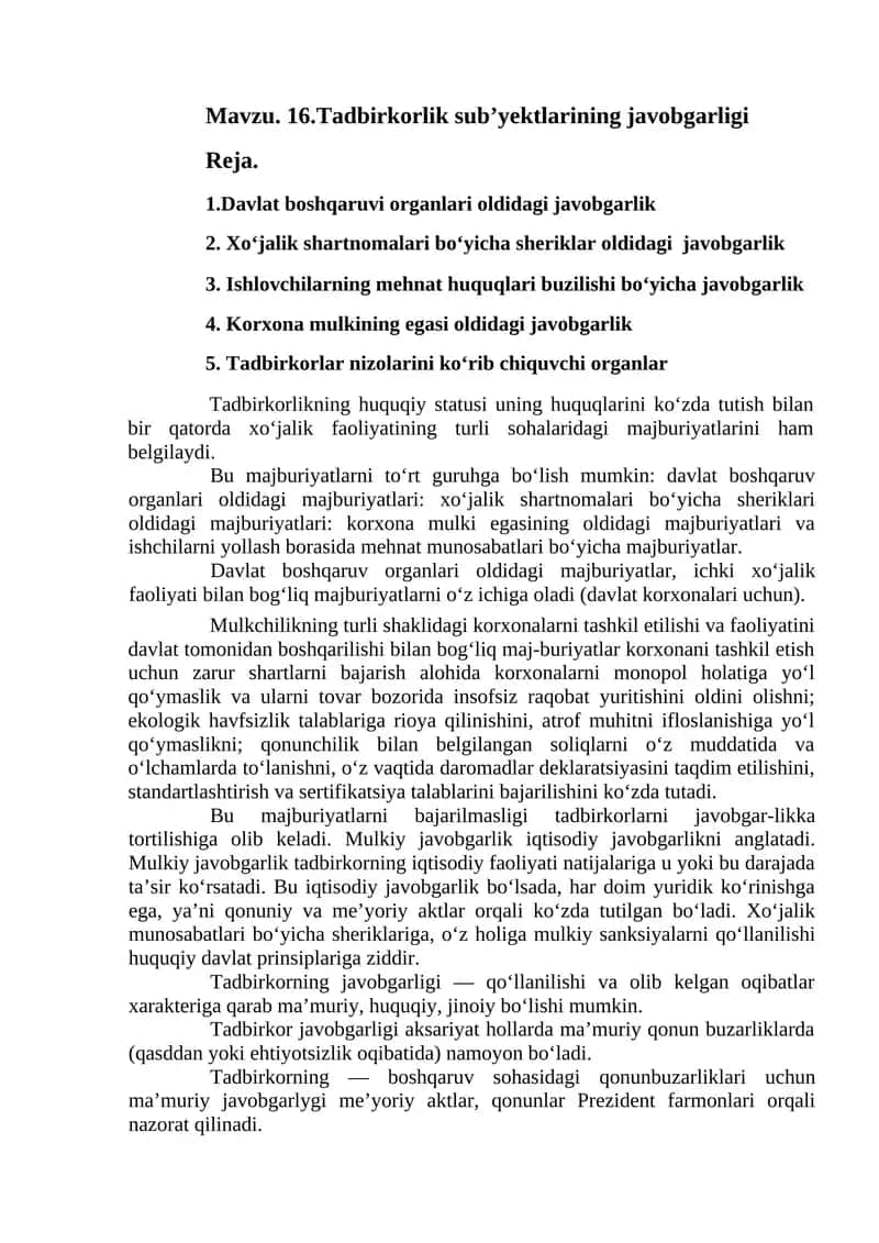 Tadbirkorlik sub’yektlarining javobgarligi
