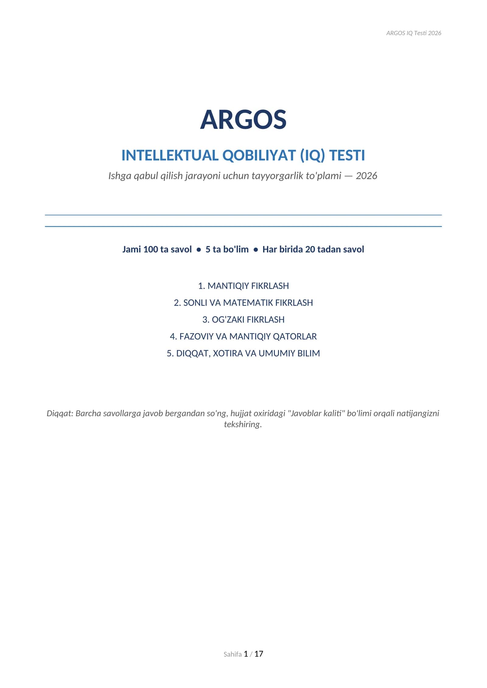Argos IQ Testlar javoblari bilan 5 ta bo'limdan yangi