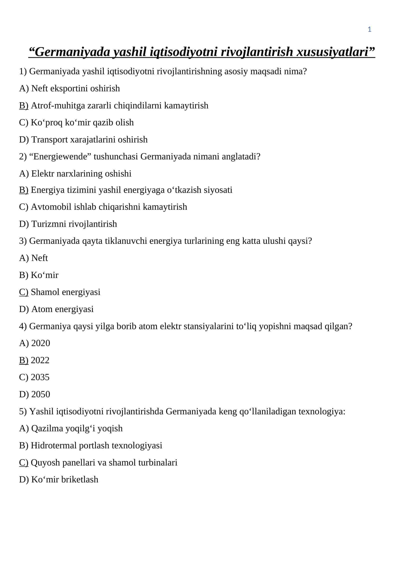 Germaniyada yashil iqtisodiyotni rivojlantirish xususiyatlari