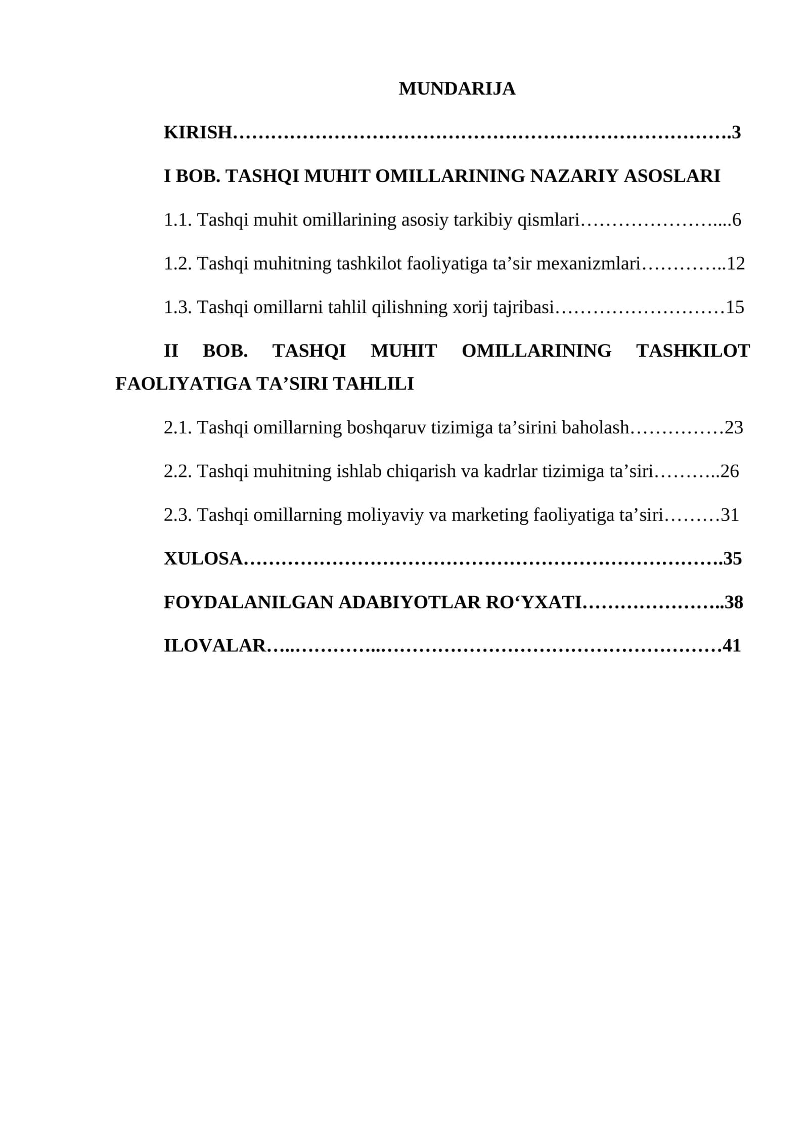 TASHQI MUHIT OMILLARINING TASHKILOT FAOLIYATIGA TA’SIRI TAHLILI