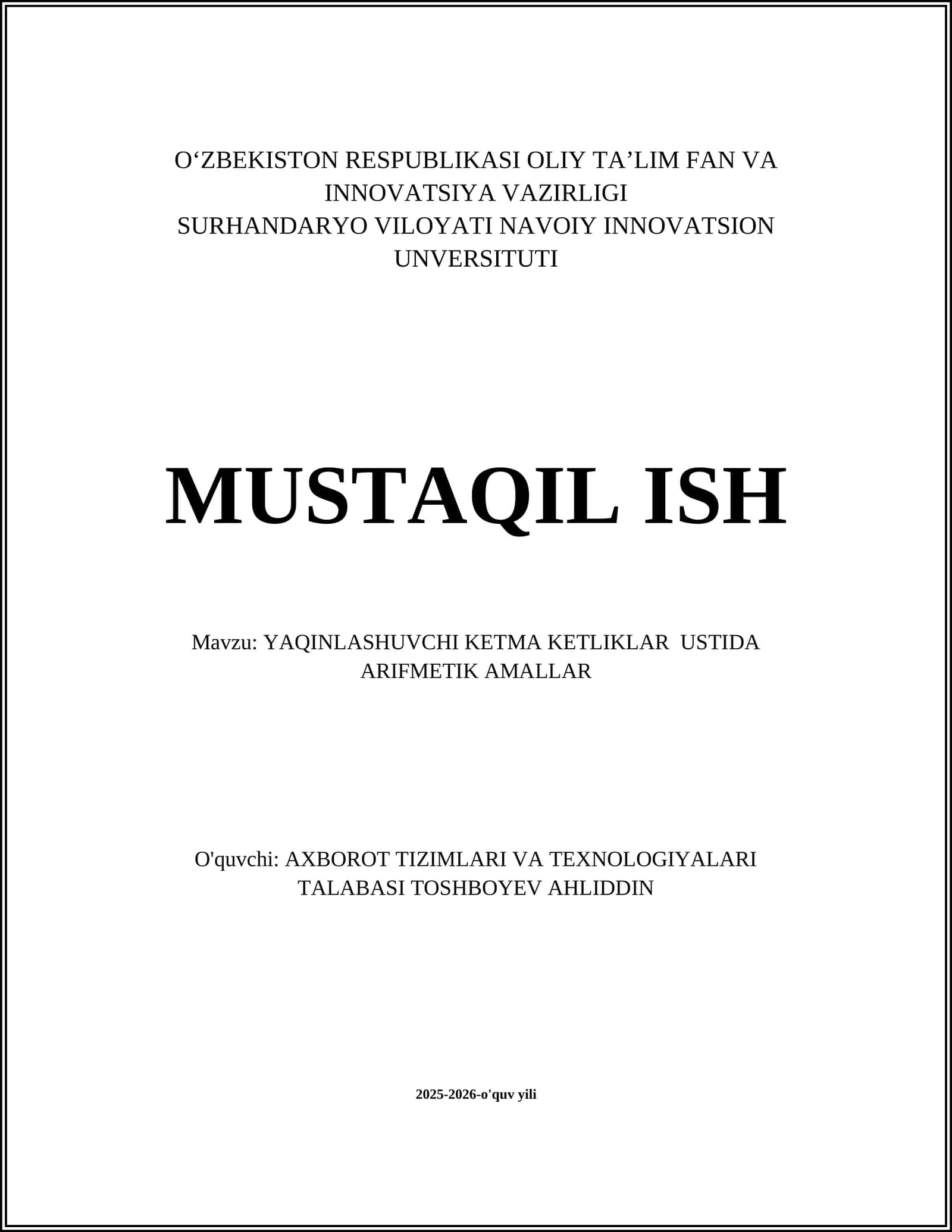 YAQINLASHUVCHI KETMA KETLIKLAR USTIDA ARIFMETIK AMALLAR