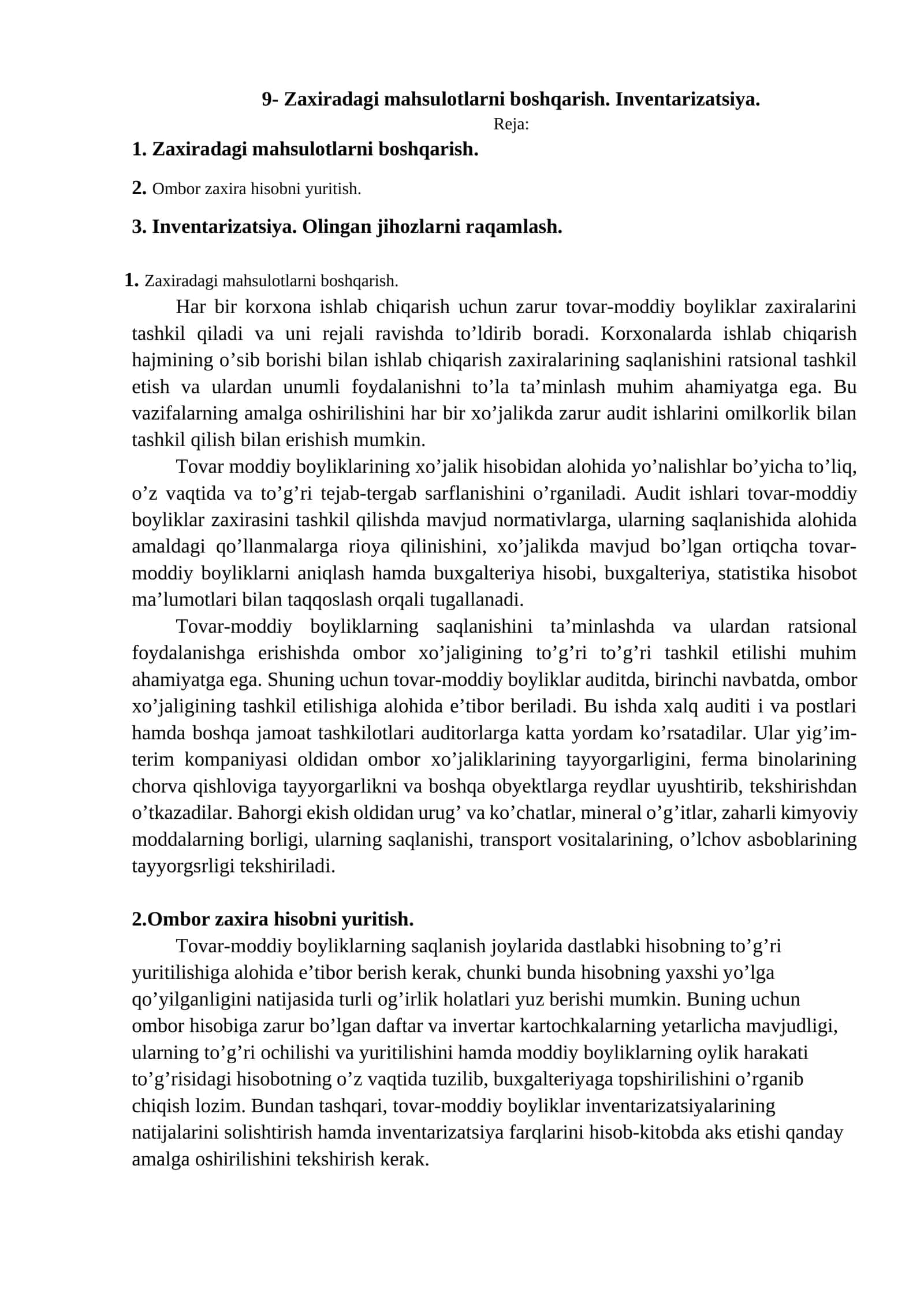 Zaxiradagi mahsulotlarni boshqarish. Inventarizatsiya