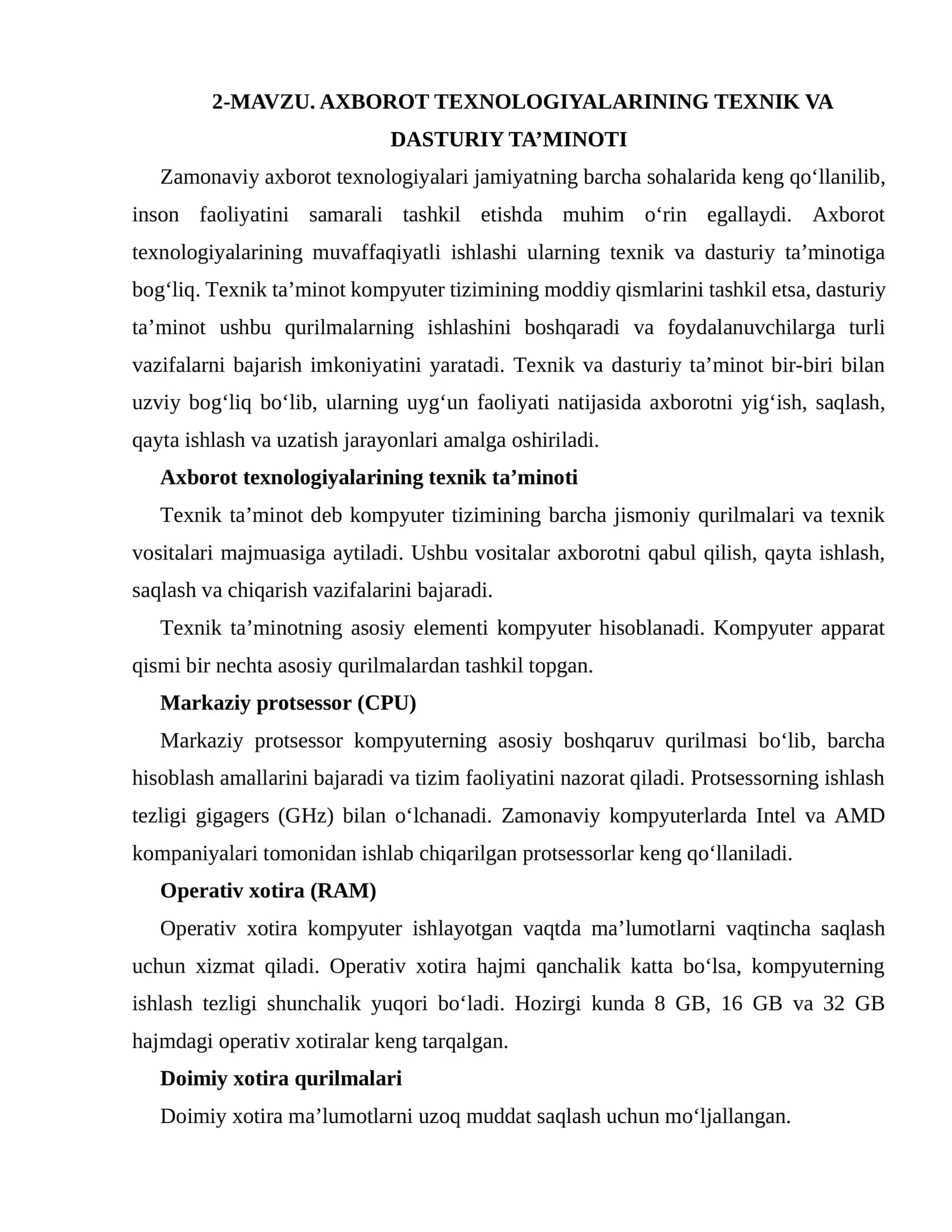 Axborot texnologiyalarining texnik va dasturiy ta’minoti