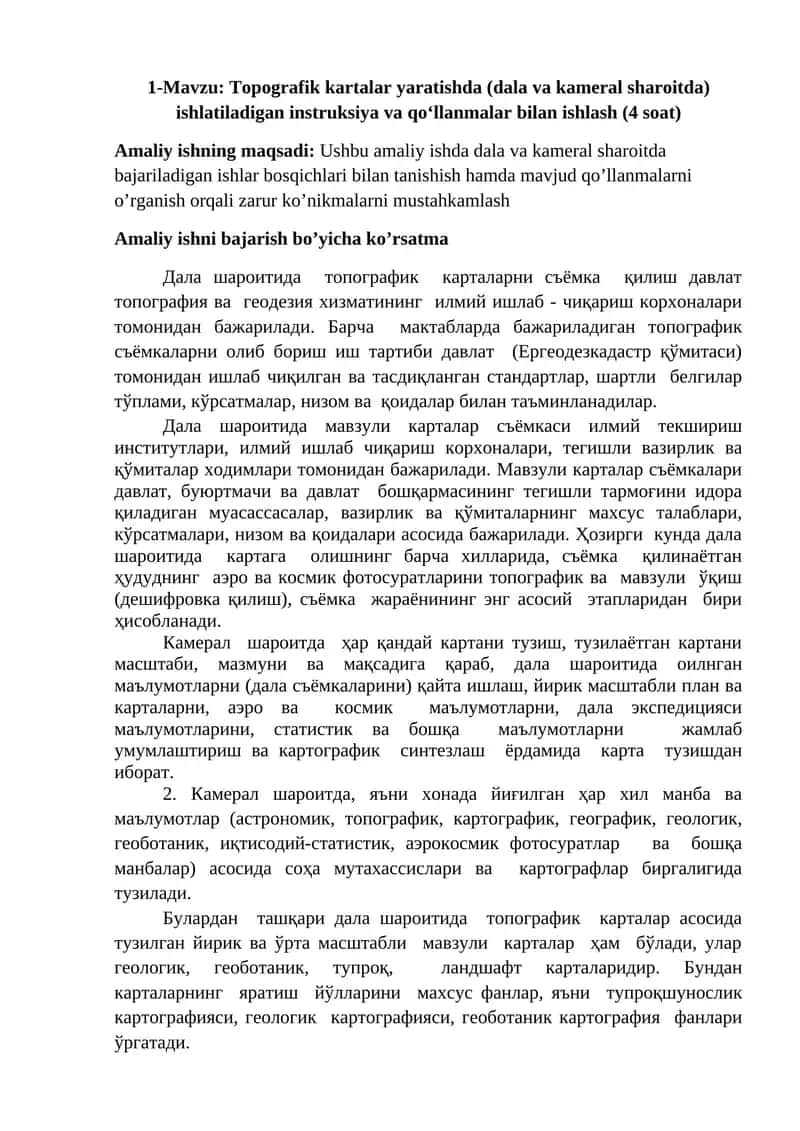 Topografik kartalar yaratishda ish (dala va kameral sharoitda)