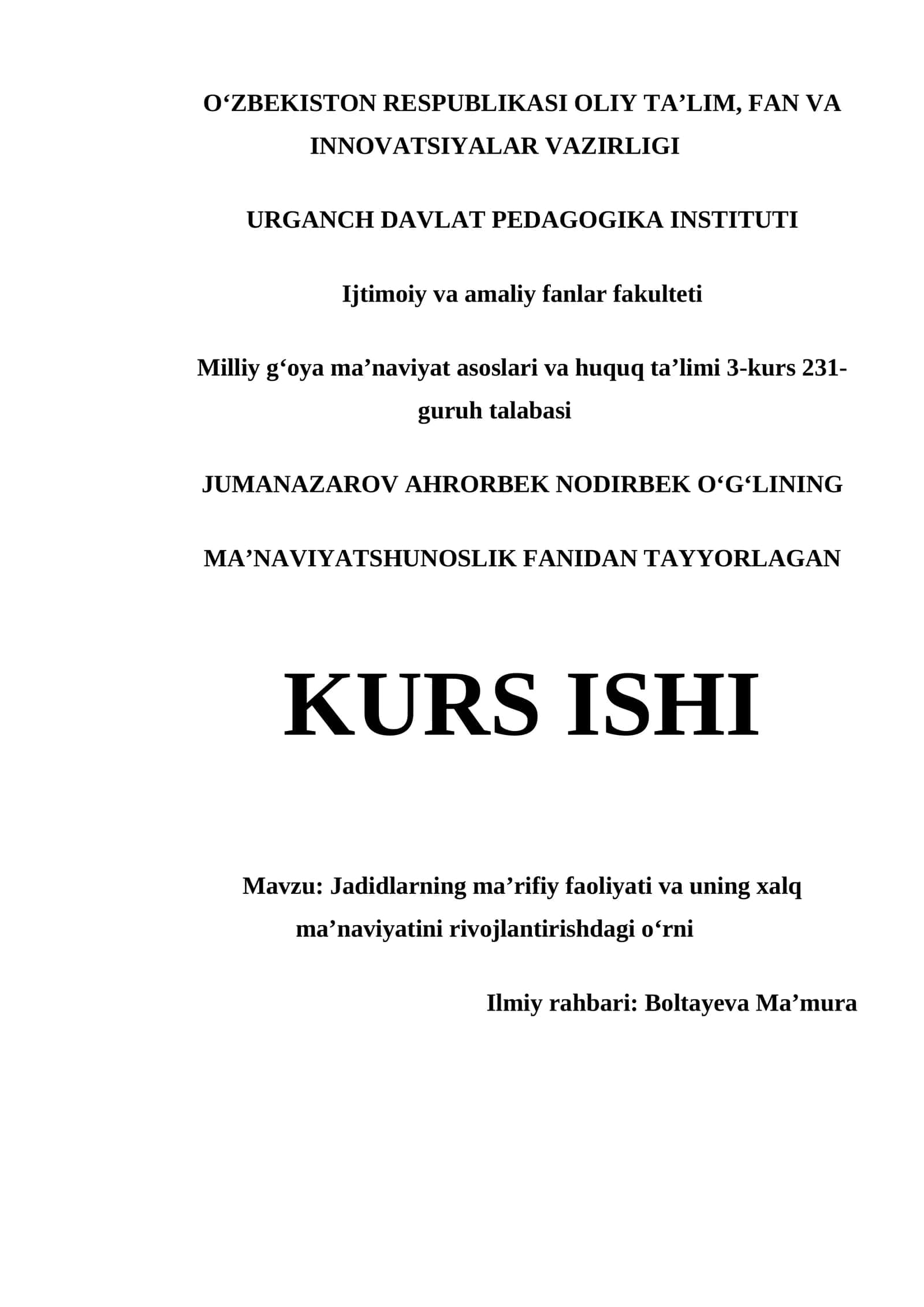 MAʼNAVIYATSHUNOSLIK FANIDAN TAYYORLAGAN KURS ISHI