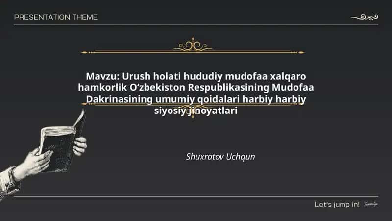 Urush holati hududiy mudofaa xalqaro hamkorlik Oʻzbekiston Respublikasining Mudofaa Dakrinasining umumiy qoidalari harbiy harbiy siyosiy jinoyatlari