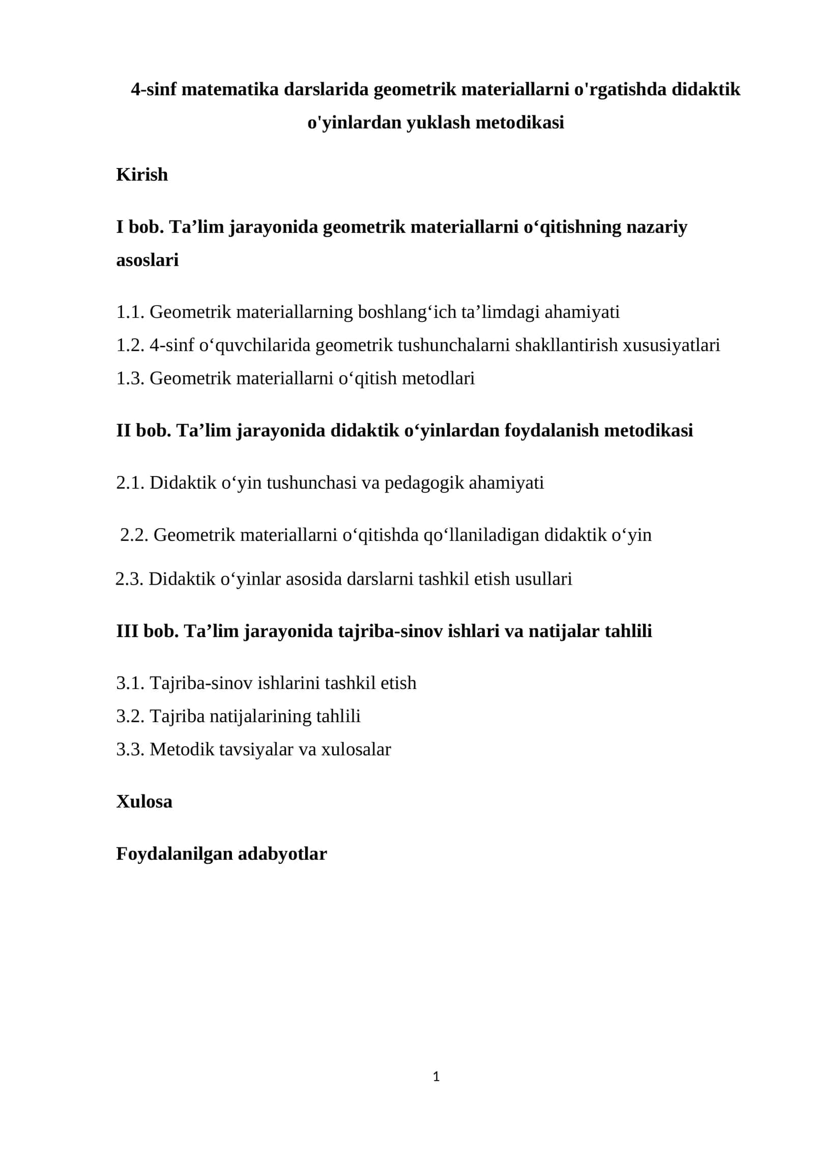 4-sinf matematika darslarida geometrik materiallarni o'rgatishda didaktik o'yinlardan yuklash metodikasi