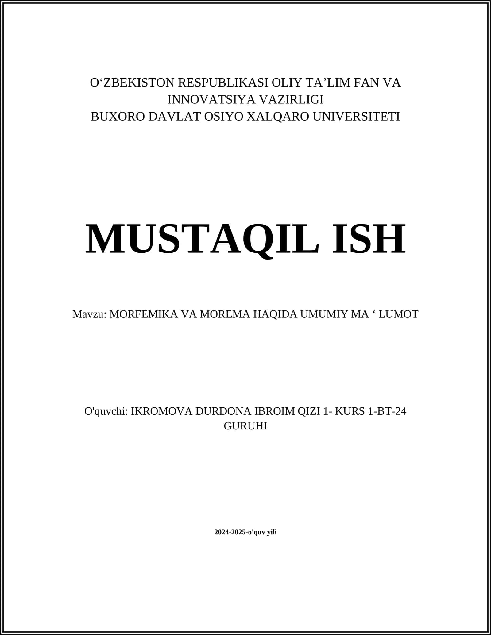 MORFEMIKA VA MOREMA HAQIDA UMUMIY MA ‘ LUMOT