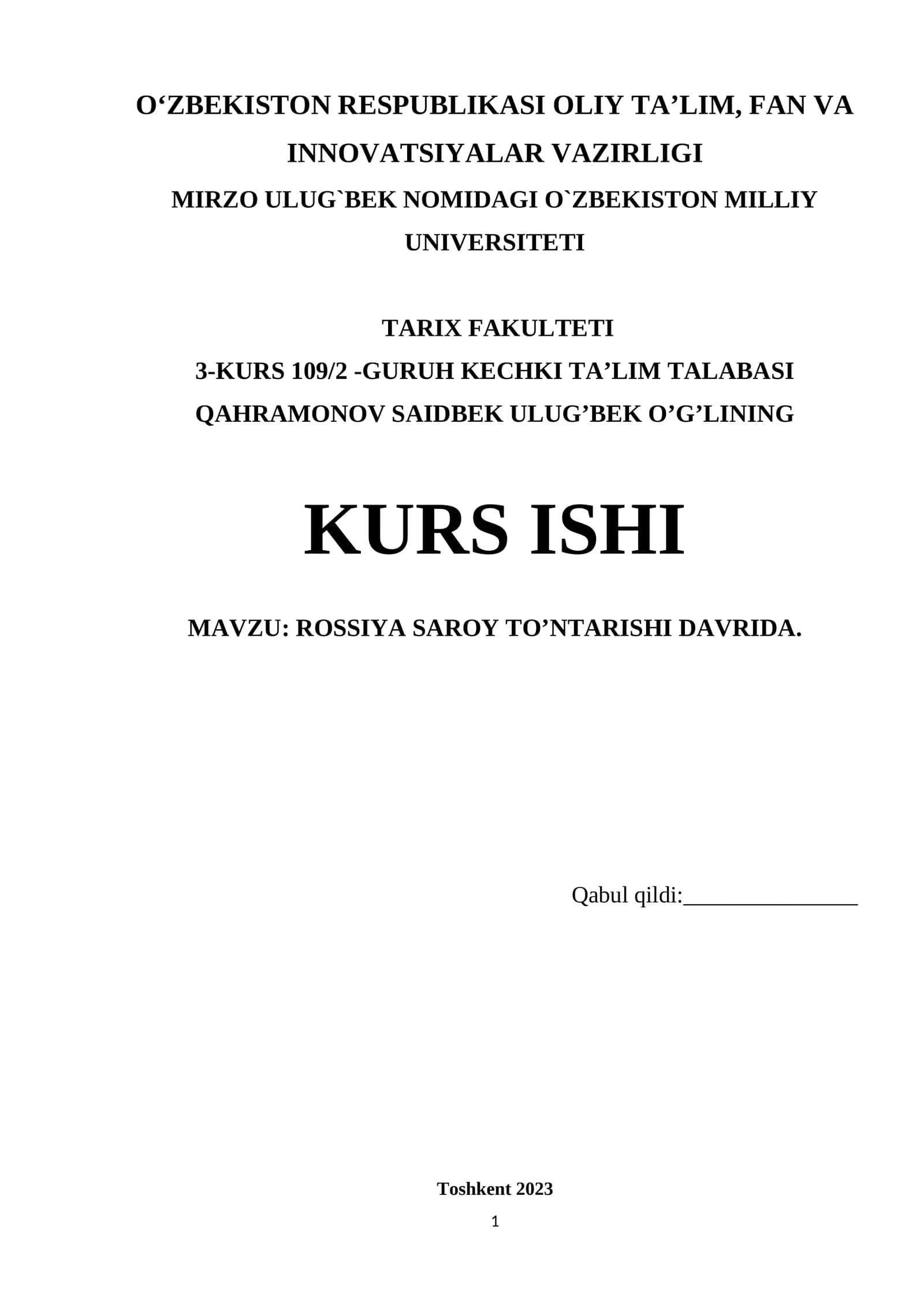 ROSSIYA SAROY TO’NTARISHI DAVRIDA