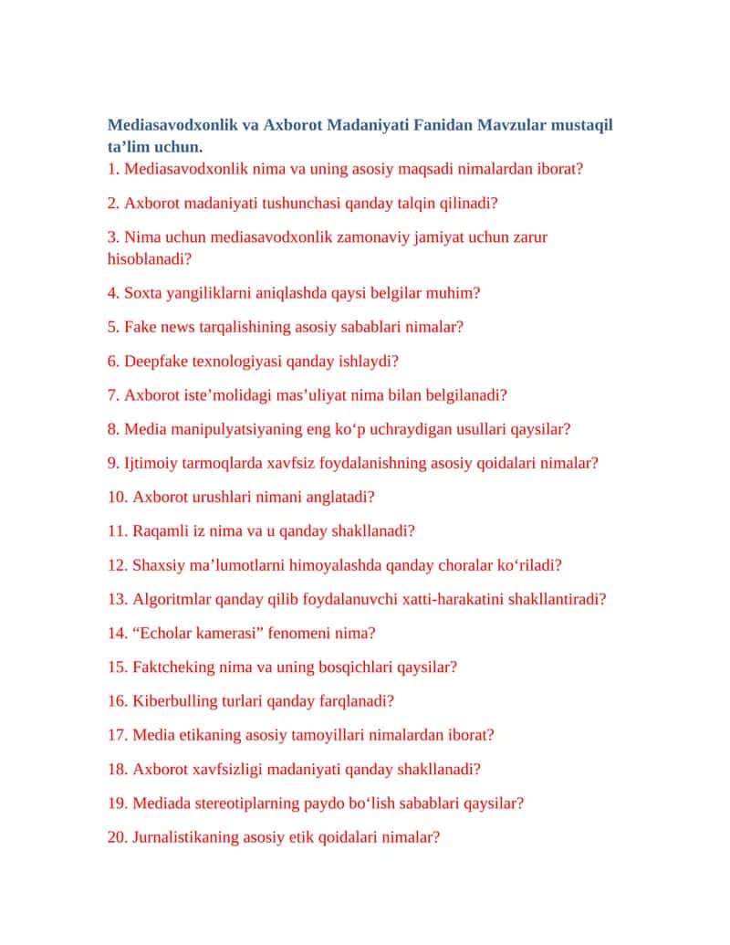 Mediasavodxonlik va Axborot Madaniyati Fanidan Mavzular