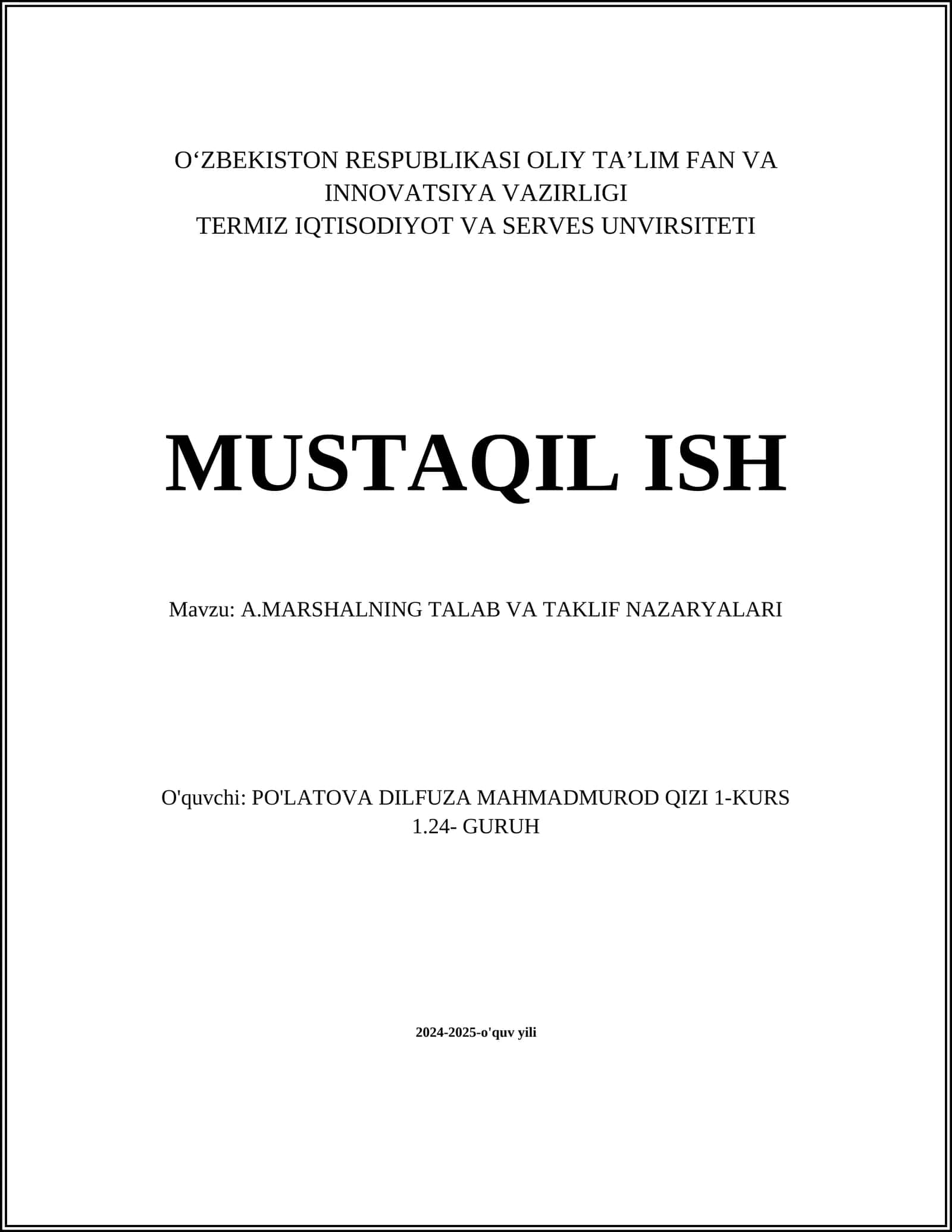 A.MARSHALNING TALAB VA TAKLIF NAZARYALARI