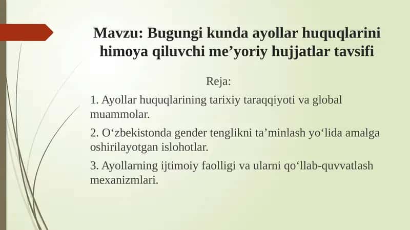 Bugungi kunda ayollar huquqlarini himoya qiluvchi meʼyoriy hujjatlar tavsifi