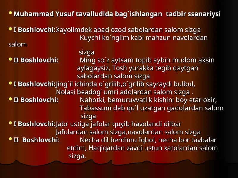 Muhammad Yusuf tavalludida bag`ishlangantadbir ssenariysi