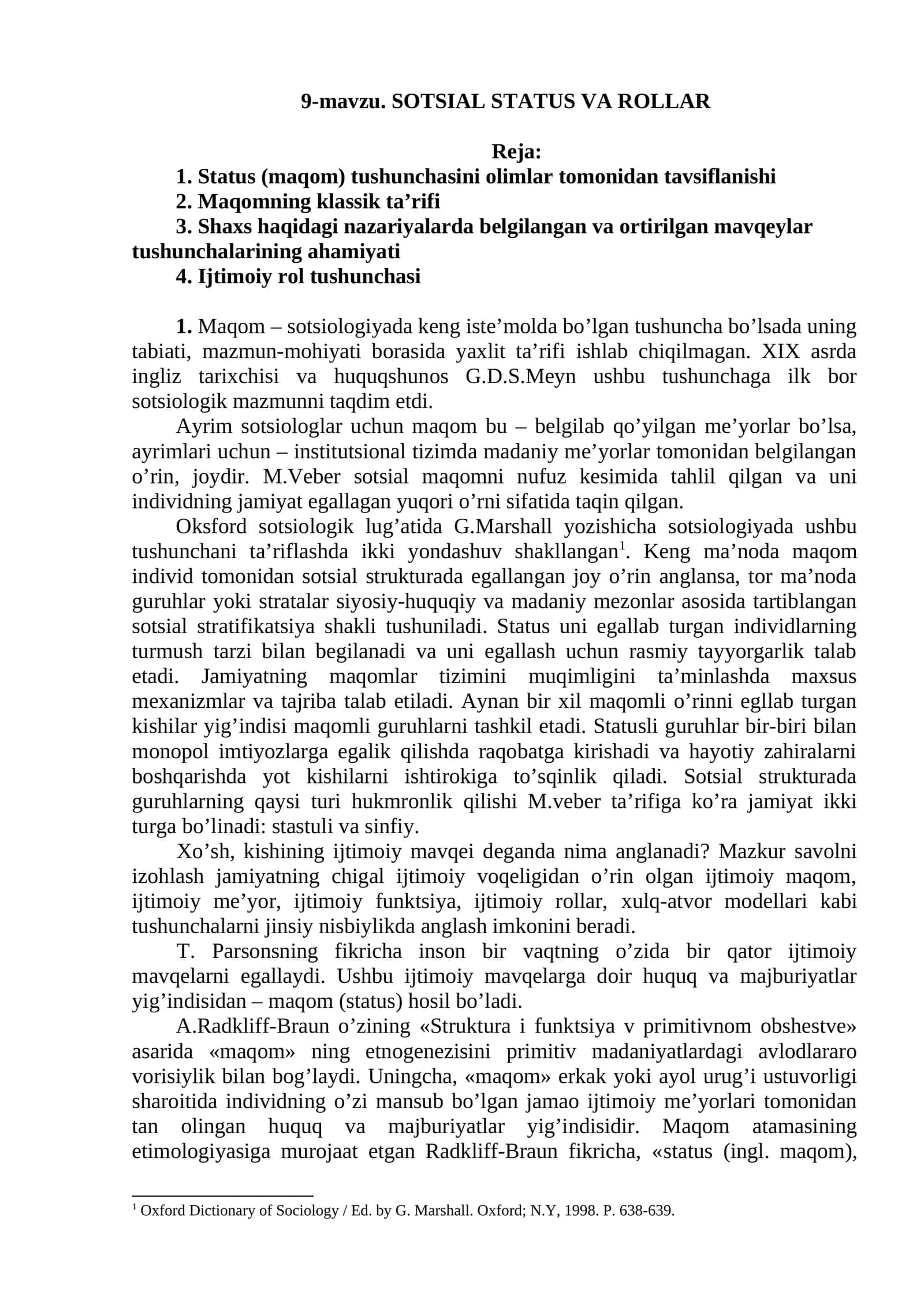 SOTSIAL STATUS VA ROLLAR