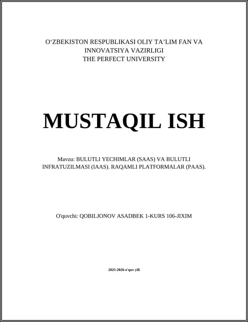 BULUTLI YECHIMLAR (SAAS) VA BULUTLI INFRATUZILMASI (IAAS). RAQAMLI PLATFORMALAR (PAAS)