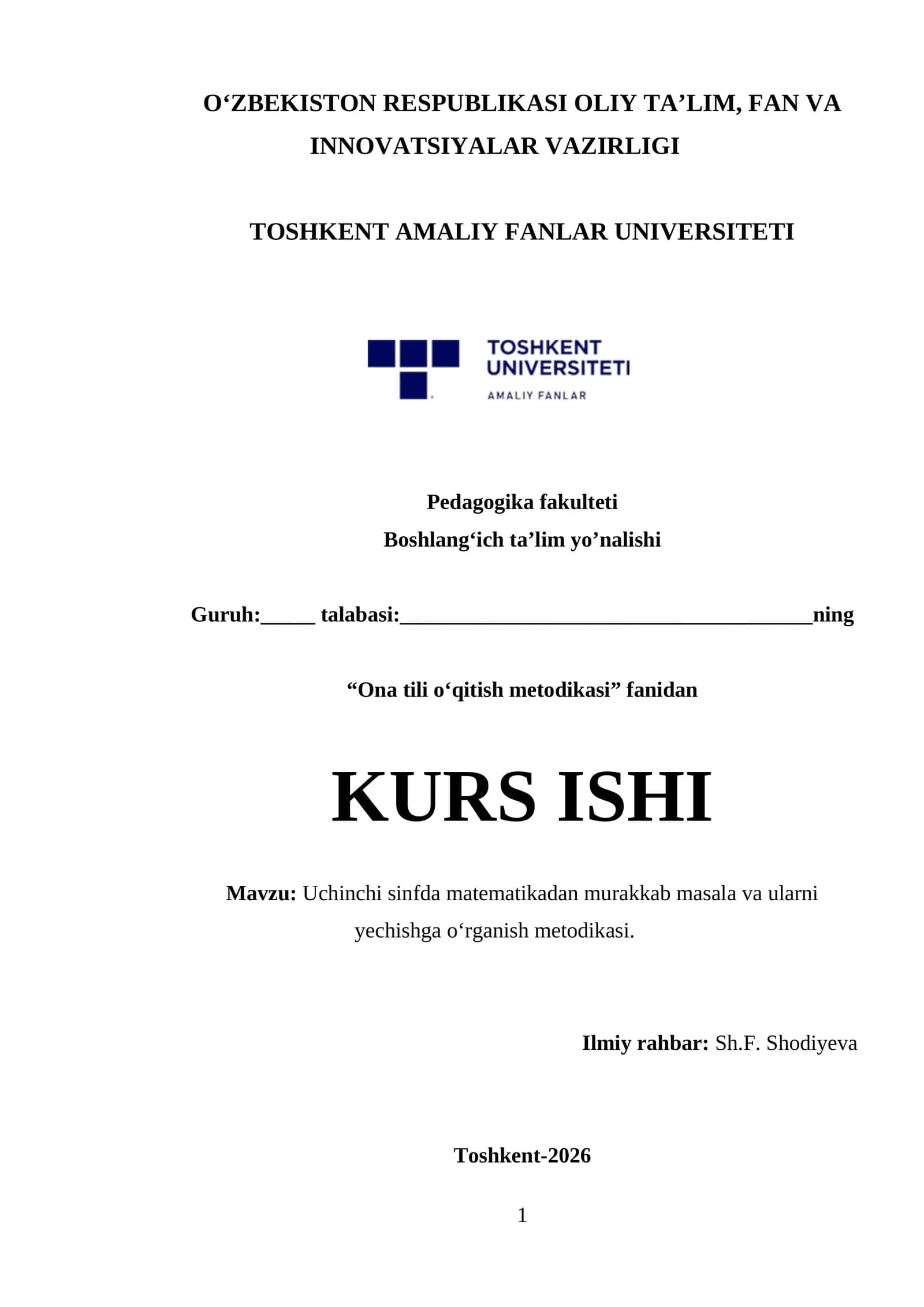 Uchinchi sinfda matematikadan murakkab masala va ularni yechishga oʻrganish metodikasi.