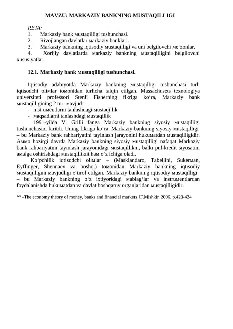 MARKAZIY BANKNING MUSTAQILLIGI