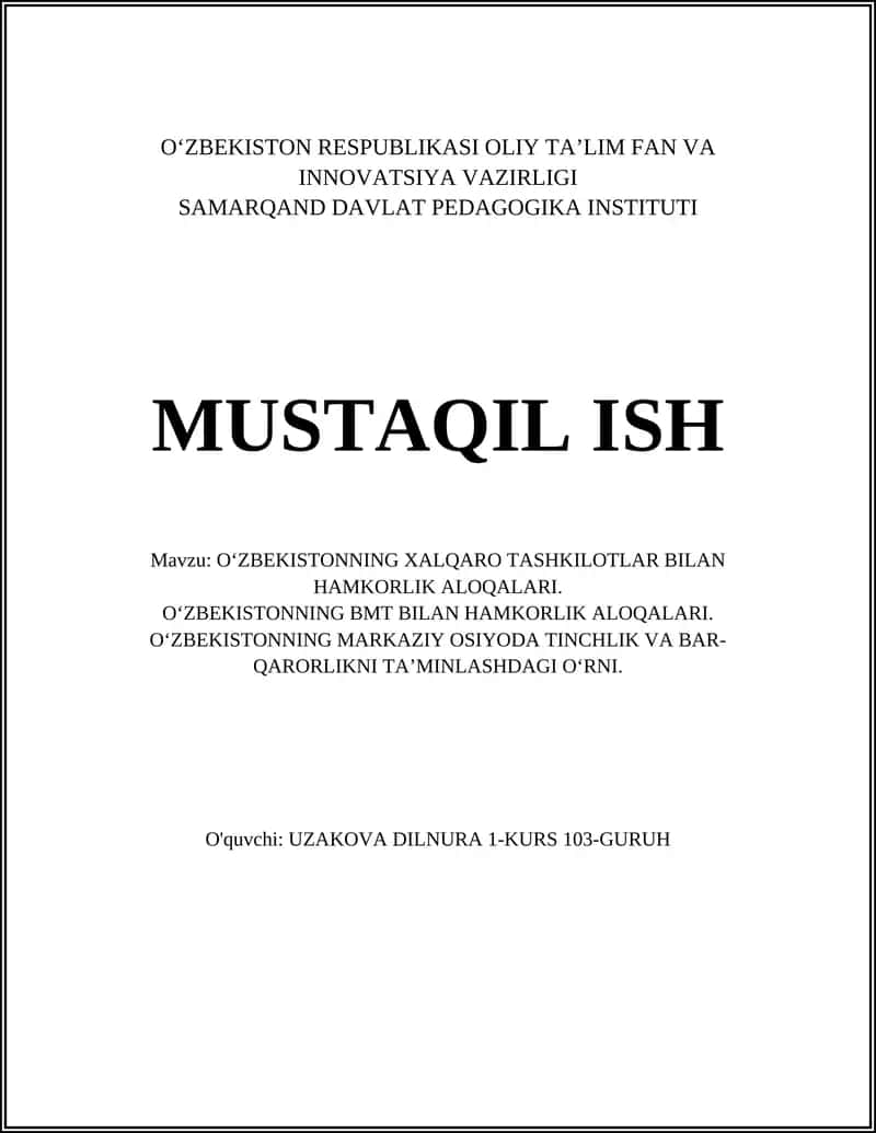 O‘ZBEKISTONNING XALQARO TASHKILOTLAR BILAN HAMKORLIK ALOQALARI