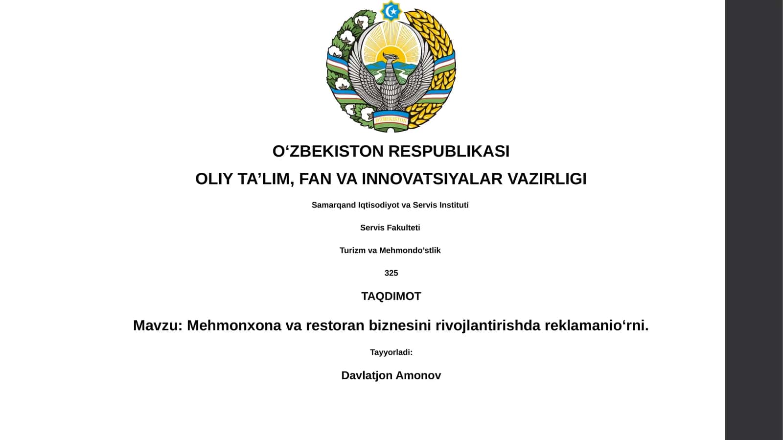 Mehmonxona va restoran biznesini rivojlantirishda reklamanio‘rni