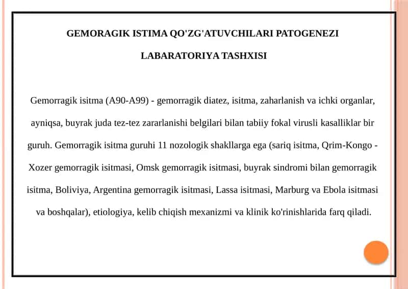 Gemorragikisitma Qo'zg'atuvchilari Patogenezi Labaratoriya Tashxisi